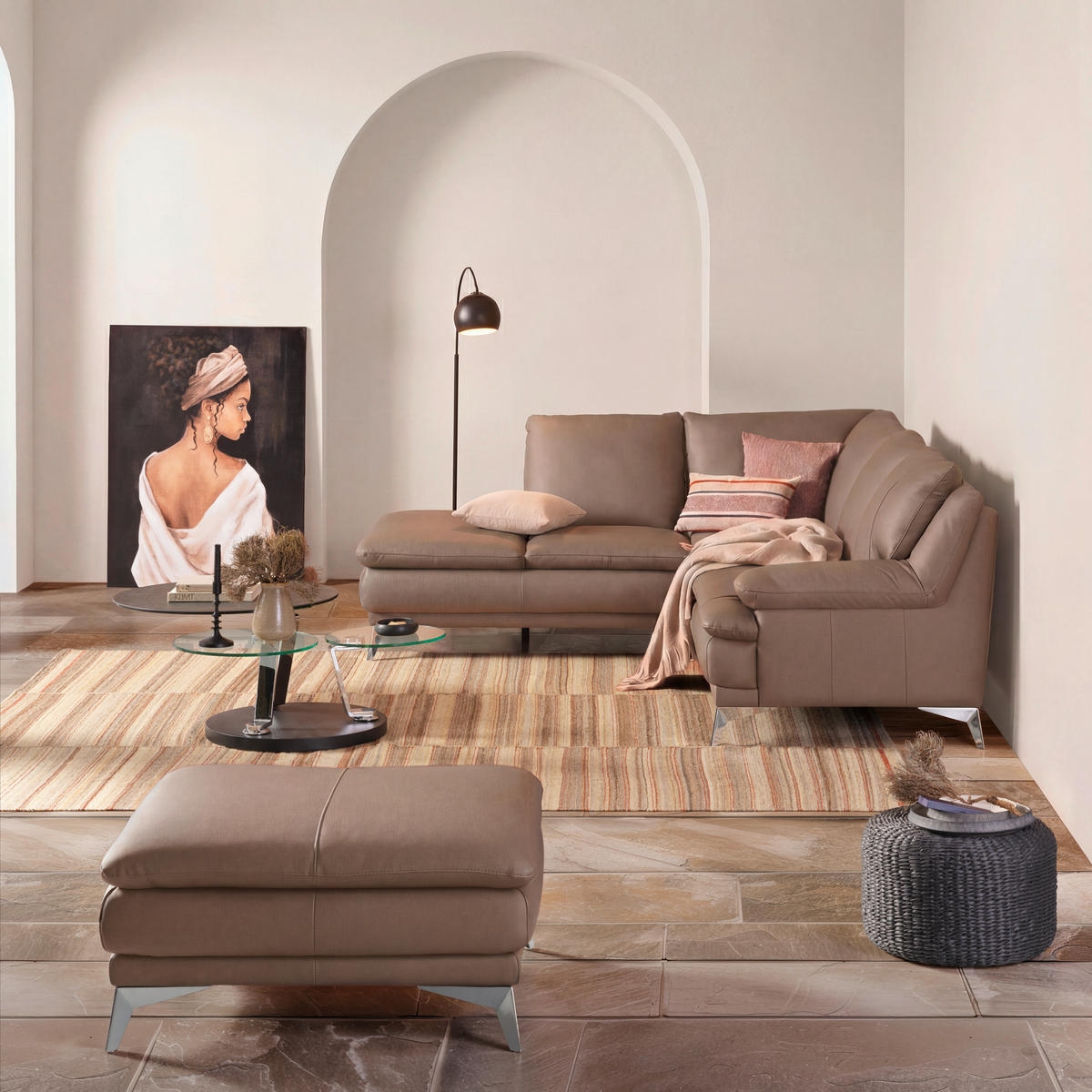 ECKSOFA  in Echtleder Beige  224/242 cm  - Chromfarben/Beige, Design, Leder/Metall (224/242cm) - Novel