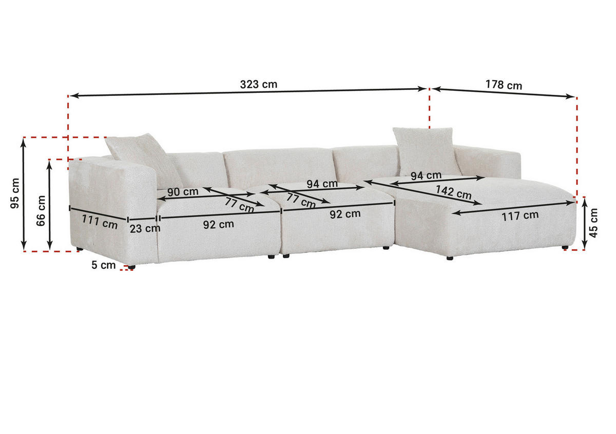 ECKSOFA Chenille Creme  - Creme/Schwarz, Modern, Kunststoff/Textil (323/178cm) - Carryhome