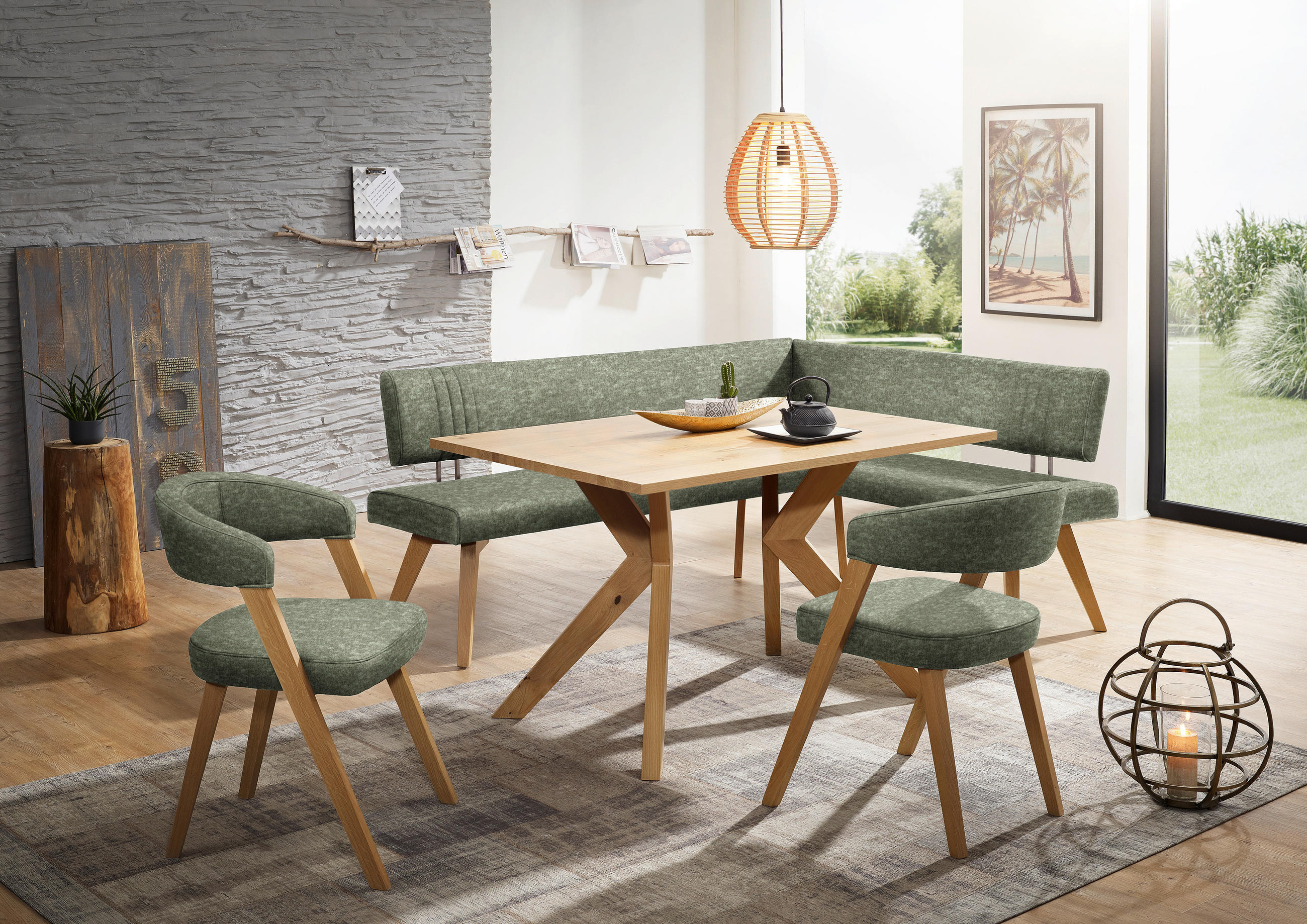 ECKBANK in Holz, Textil Grün, Wildeiche - Wildeiche/Eichefarben, Design, Holz/Textil (220/180cm) - Venda