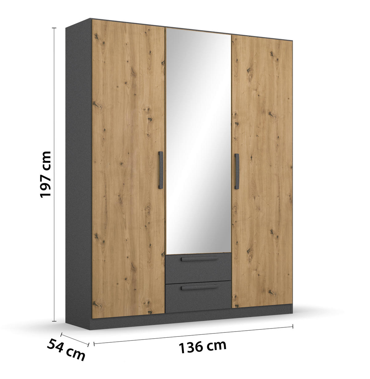 DREHTÜRENSCHRANK 136/197/54 cm,  in Grau, Eiche Artisan, 3-türig  - Eiche Artisan/Grau, MODERN, Holzwerkstoff/Kunststoff (136/197/54cm) - Rauch Möbel