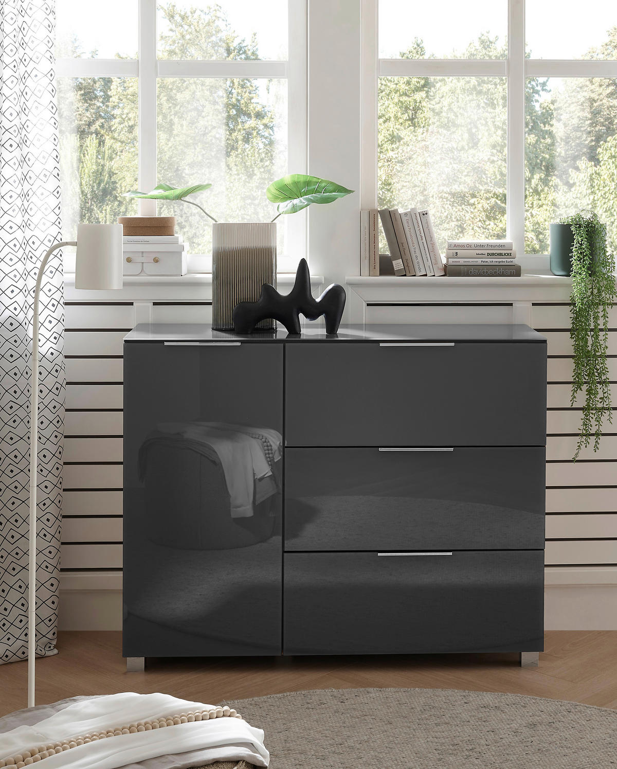 KOMMODE , 120,5/96/38 cm, 3 Schublade(n)  - Chromfarben/Graphitfarben, Konventionell, Glas/Holzwerkstoff (120,5/96/38cm) - Xora