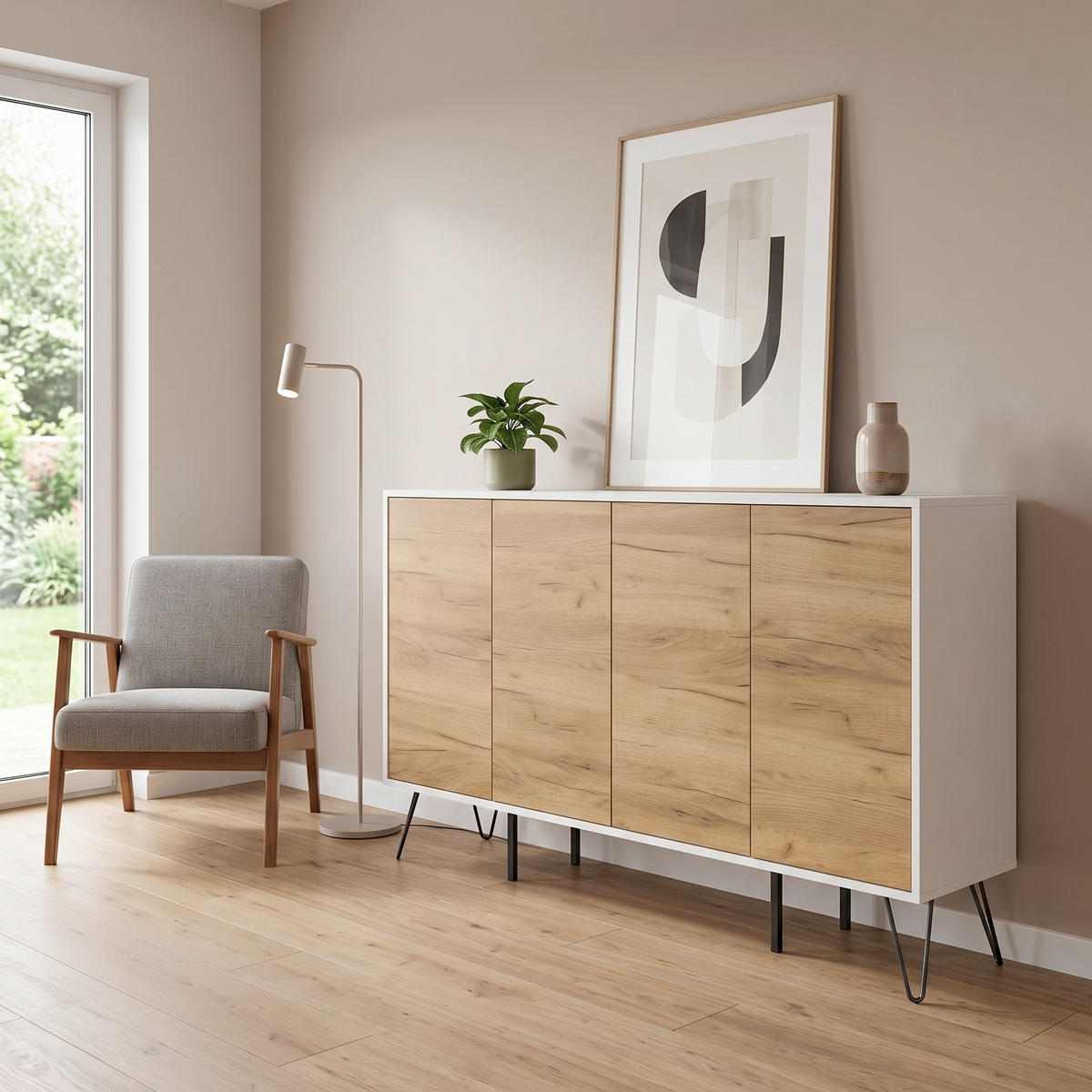 SIDEBOARD Posseik Industrial 155/93,6/42 cm  - Eichefarben/Weiß Hochglanz, Design, Holzwerkstoff/Metall (155/93,6/42cm) - MID.YOU
