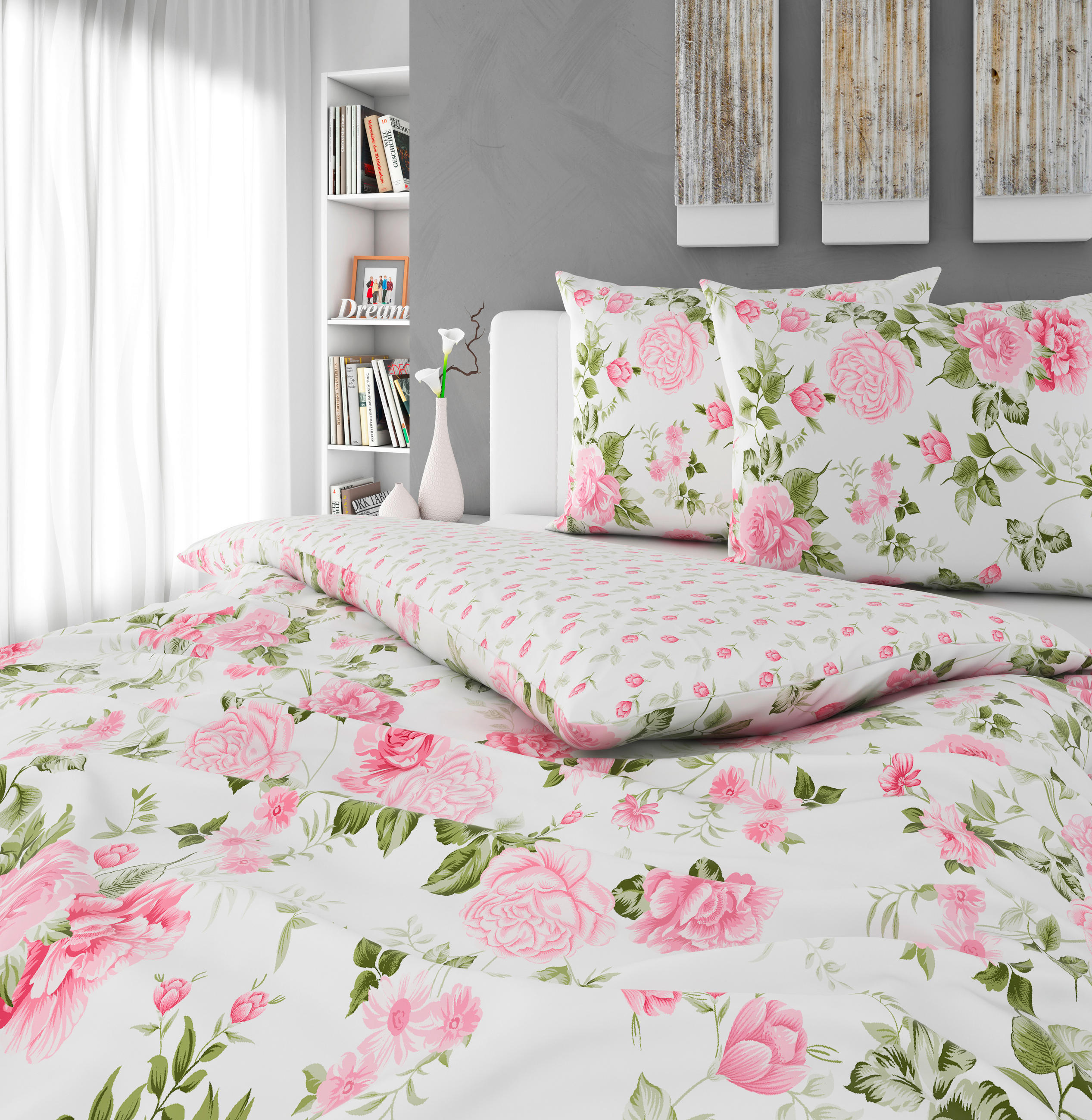 OBOJESTRANSKA POSTELJNINA ROSES 220/240 cm saten večbarvno  - večbarvno, Konvencionalno, tekstil (220/240cm) - Esposa