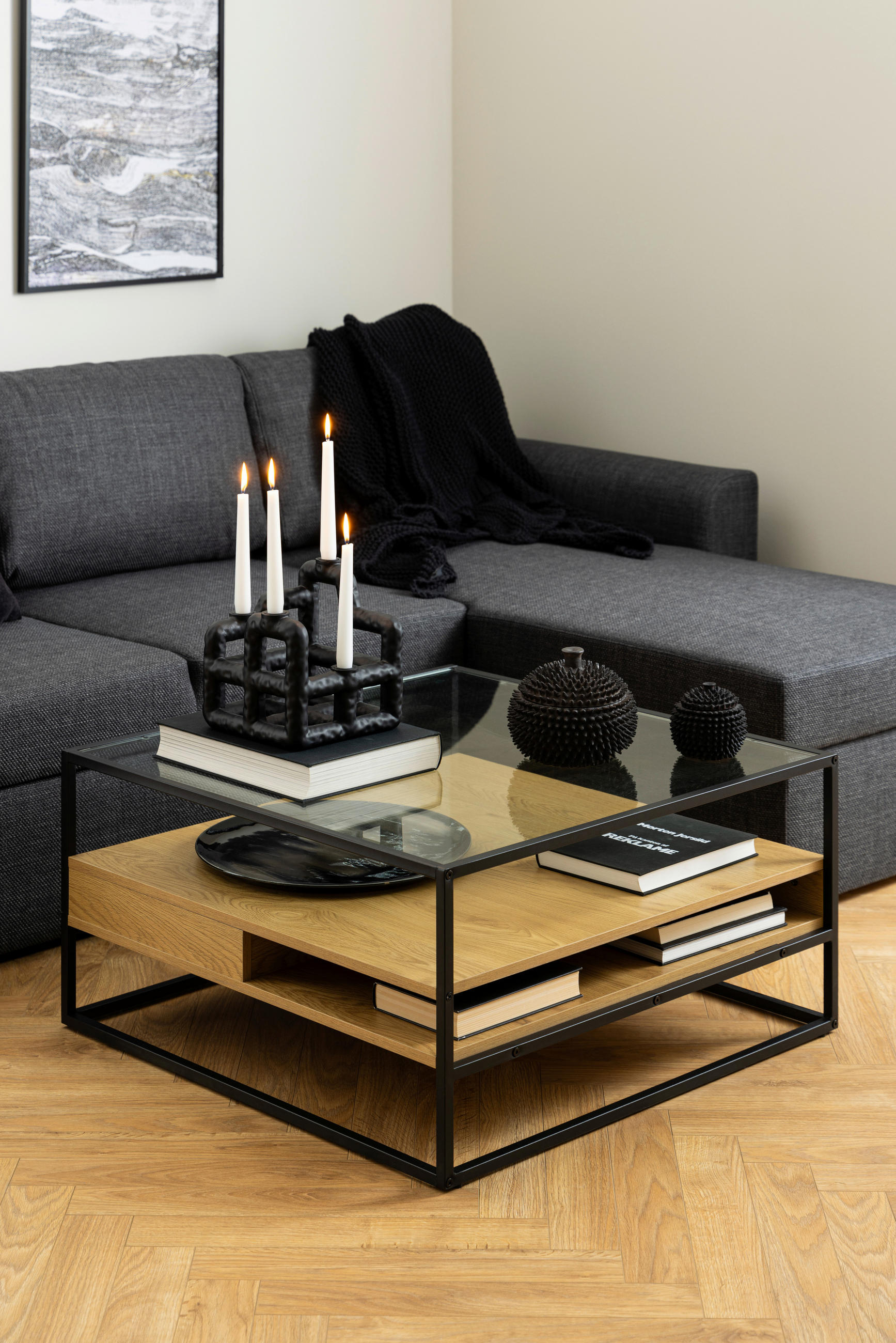 COUCHTISCH Wildeiche ESG, Klarglas 80/80/40 cm quadratisch Klar, Schwarz, Eichefarben  - Klar/Eichefarben, MODERN, Glas/Holzwerkstoff (80/80/40cm)