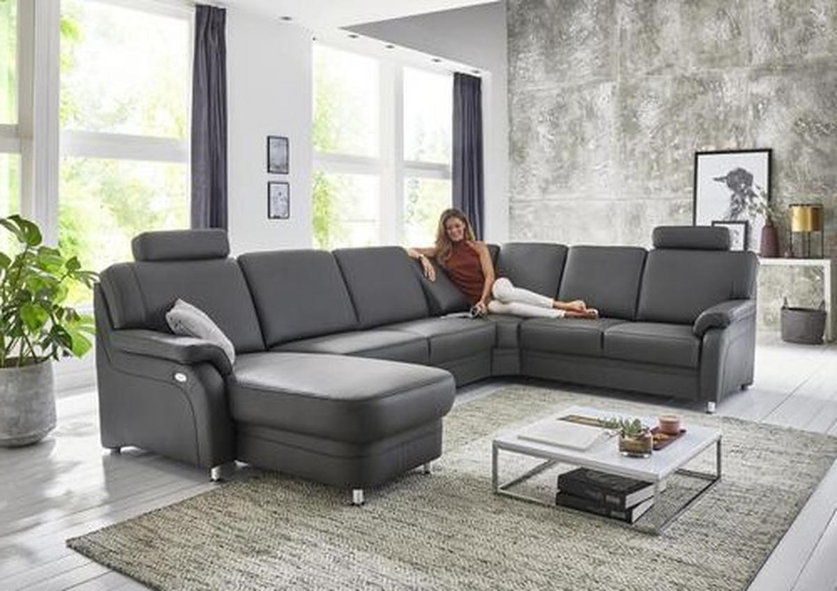 WOHNLANDSCHAFT Anthrazit Echtleder  - Anthrazit/Alufarben, KONVENTIONELL, Leder/Metall (165/329/239cm) - Beldomo Premium