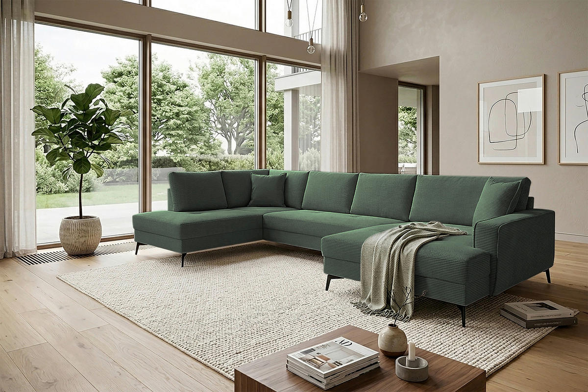 WOHNLANDSCHAFT ZERO Dunkelgrün Cord  - Dunkelgrün/Schwarz, Trend, Textil/Metall (195/362/173cm) - Livetastic