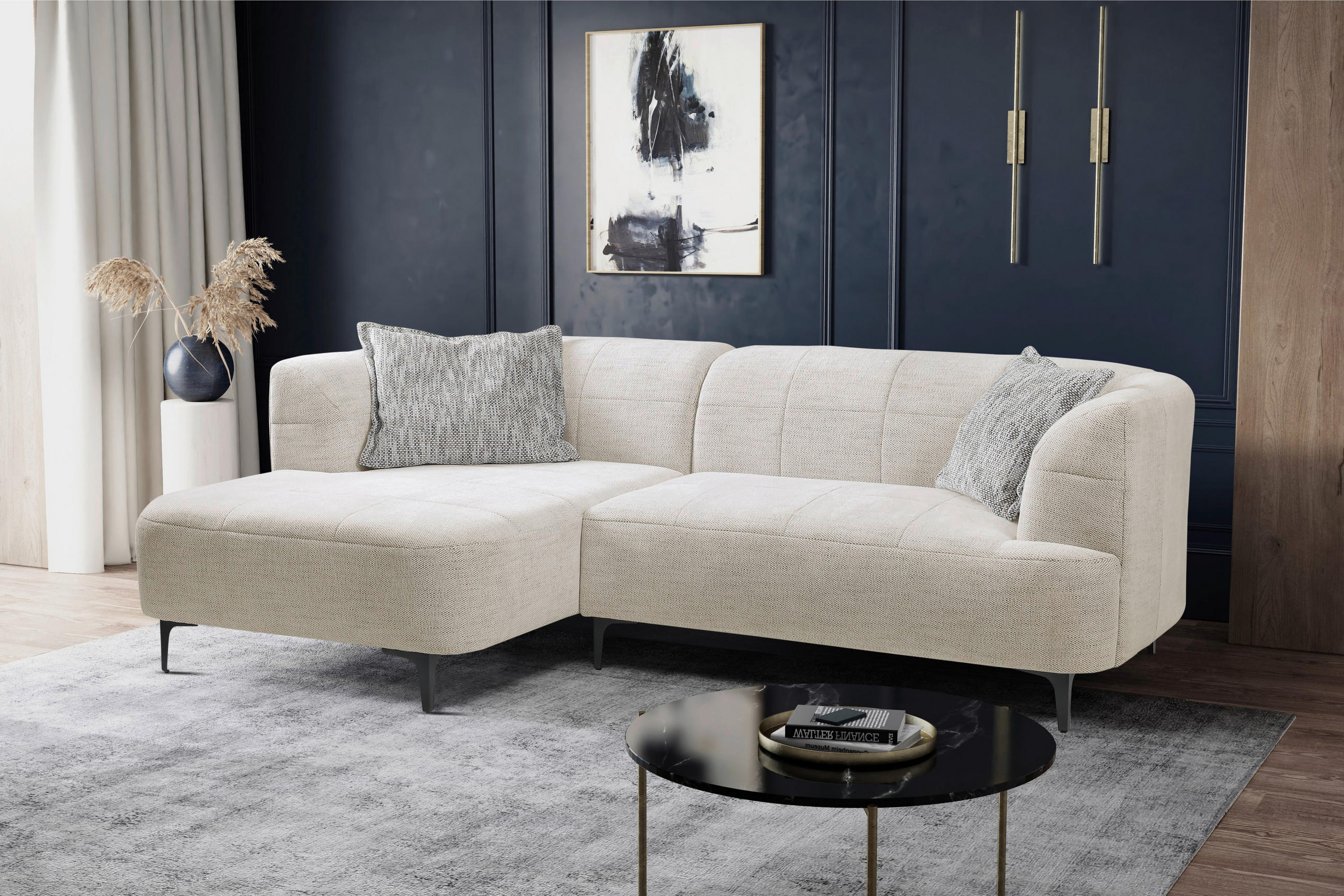 ECKSOFA Creme Struktur  - Creme/Schwarz, Design, Textil/Metall (158/247cm) - MID.YOU