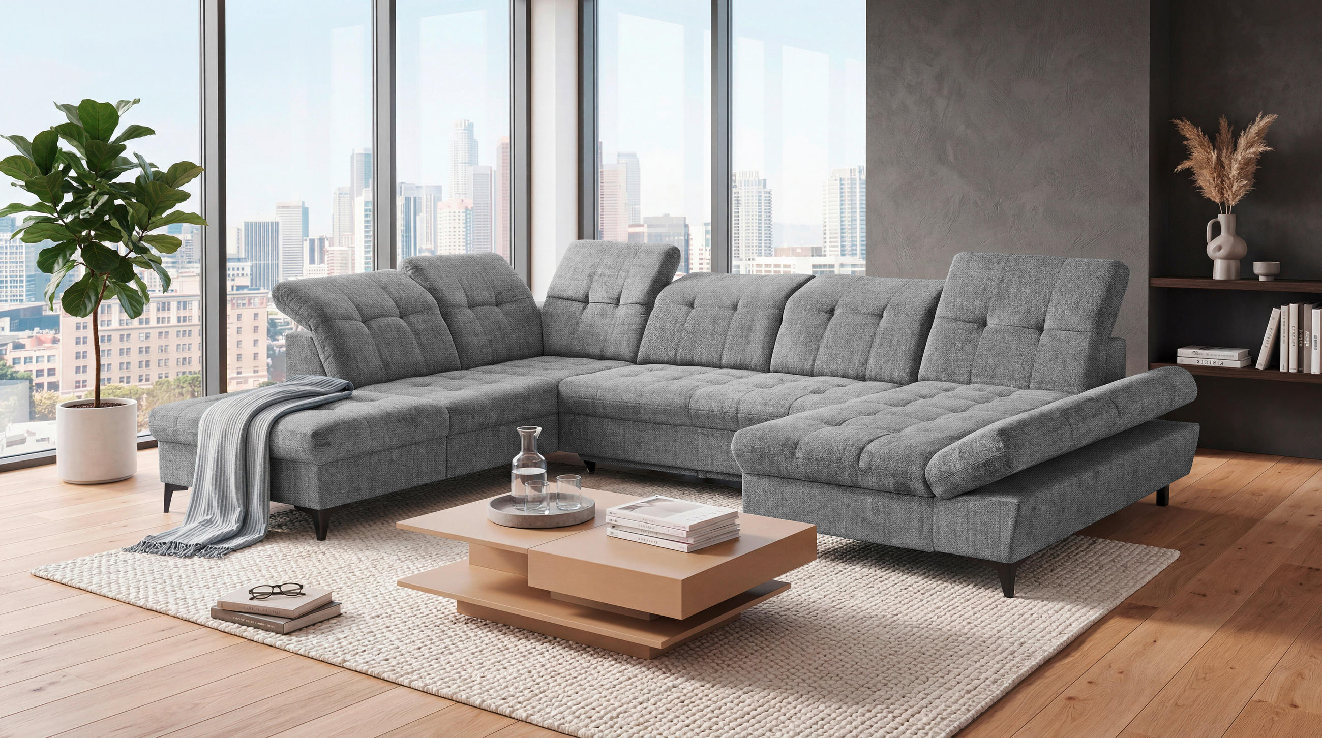 WOHNLANDSCHAFT MERCY Grau Mikrovelours  - Schwarz/Grau, MODERN, Kunststoff/Textil (245/348/168cm) - MID.YOU