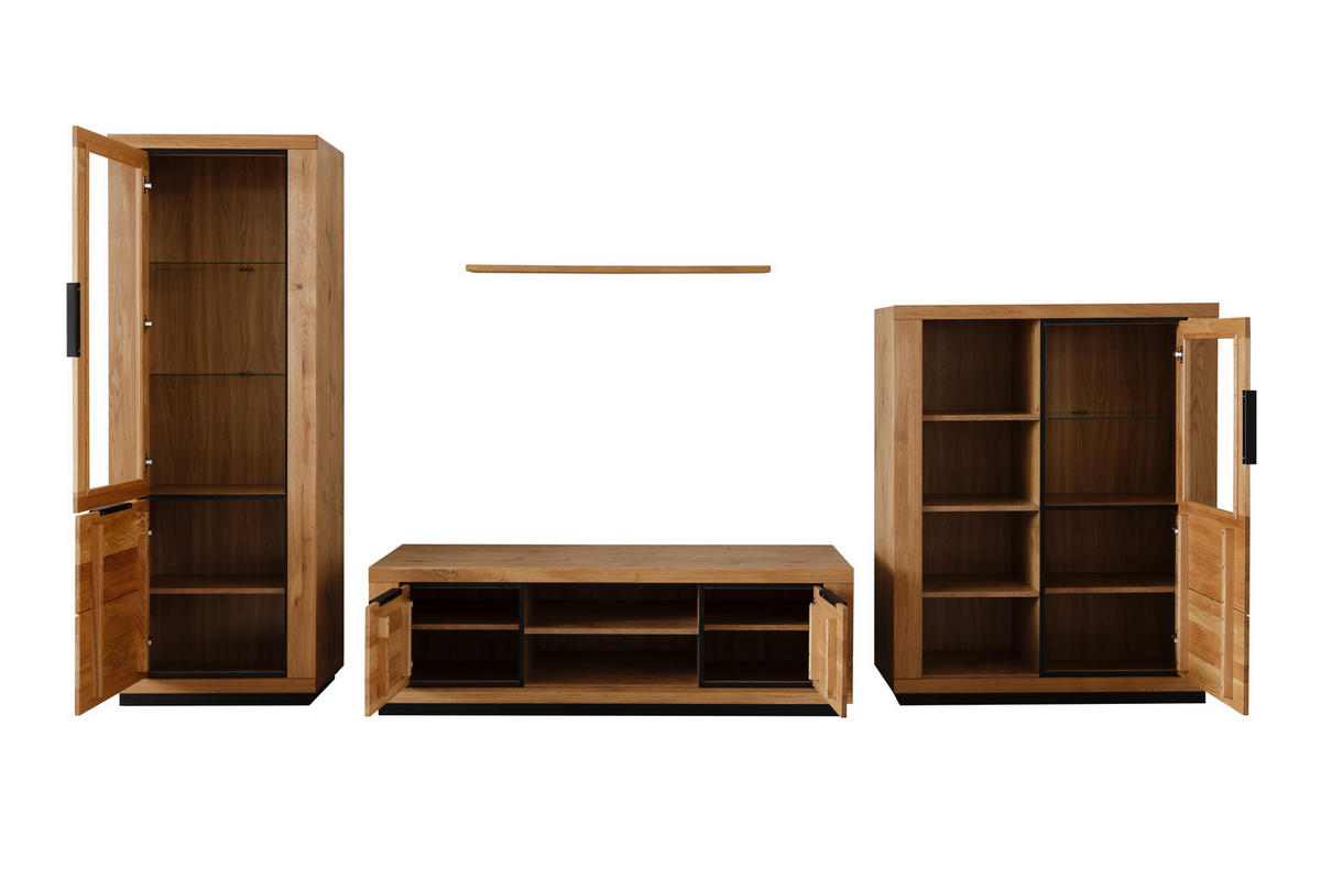 WOHNWAND 4-teilig  in Wildeiche  387/200/54 cm  - Wildeiche/Schwarz, Design, Glas/Holz (387/200/54cm) - MID.YOU