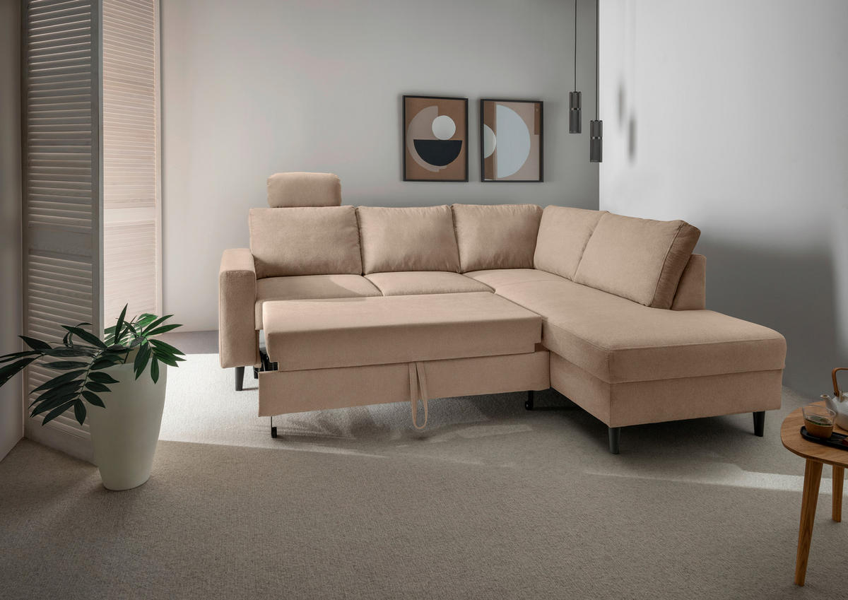ECKSCHLAFSOFA in Hellbraun Textil   - Hellbraun/Schwarz, Modern, Holz/Textil (242/200cm) - Livetastic