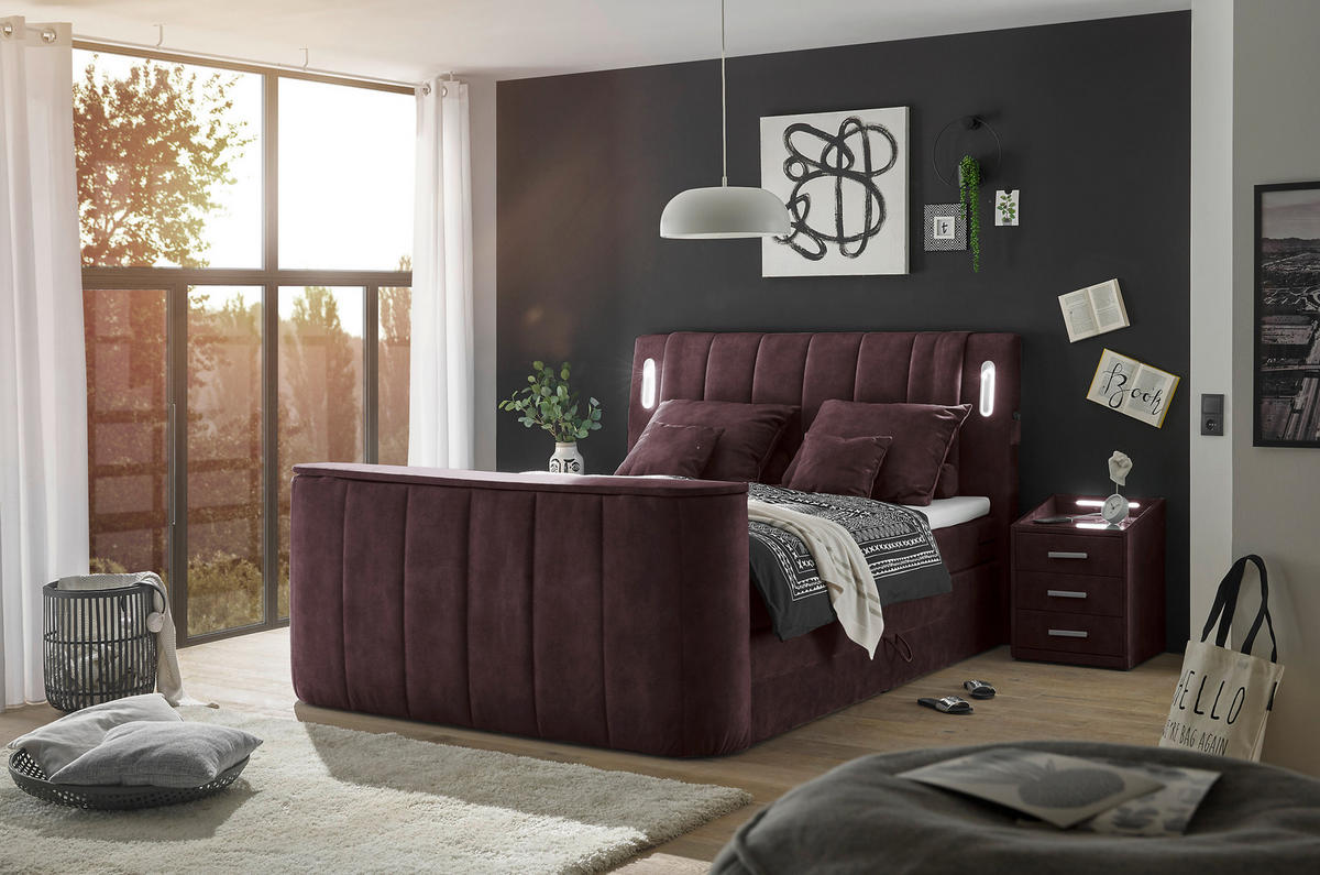 BOXSPRINGBETT 180/200 cm,  in Aubergine, gepolstertes Kopfteil, Bettkasten, Topper, H2 + H2 = mittel  - Aubergine, MODERN, Holzwerkstoff/Kunststoff (180/200cm) - MID.YOU