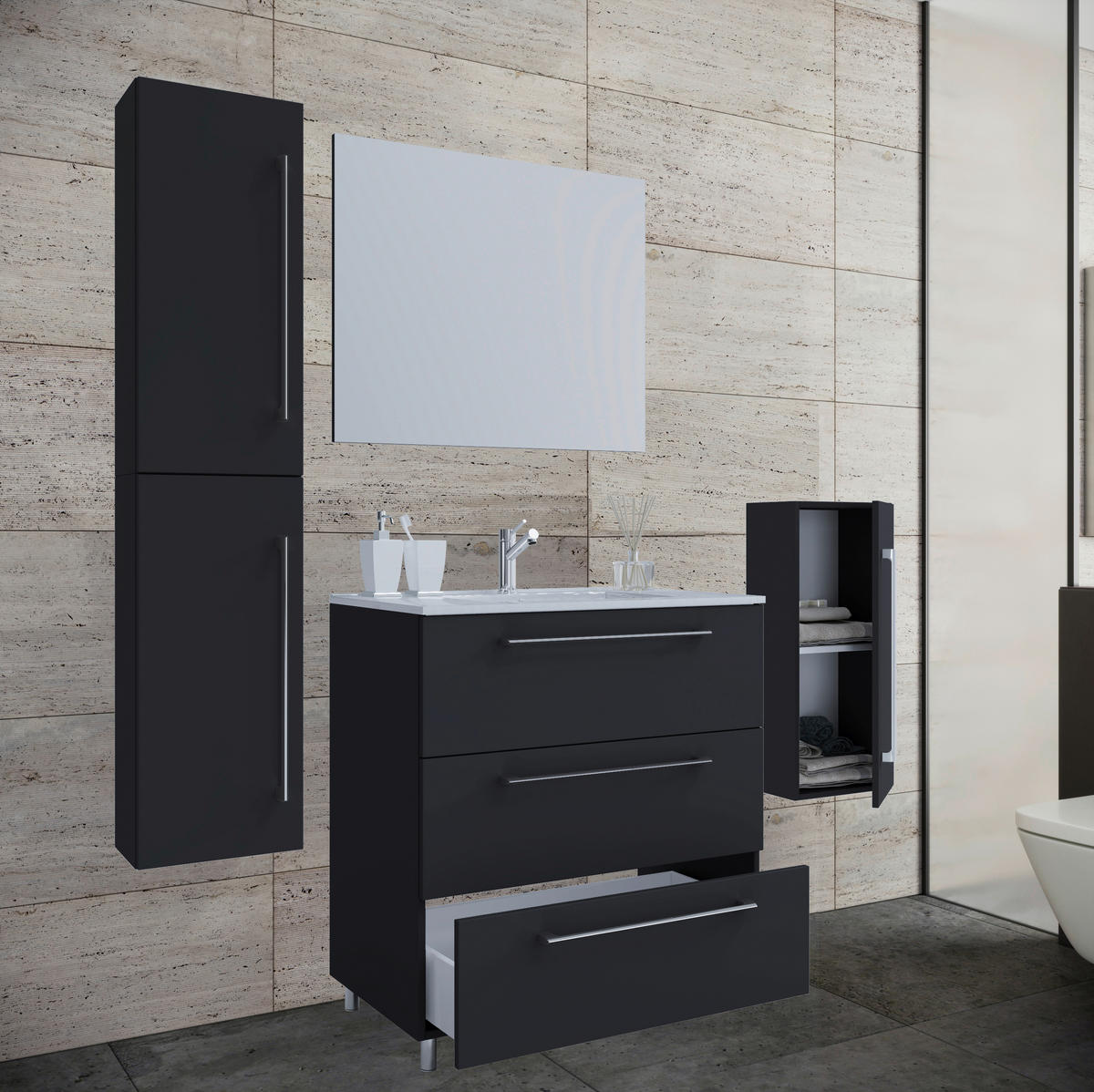 BADEZIMMER 5-teilig  in 126 cm  - Weiss/Alufarben, Modern, Keramik/Holzwerkstoff (126cm) - MID.YOU