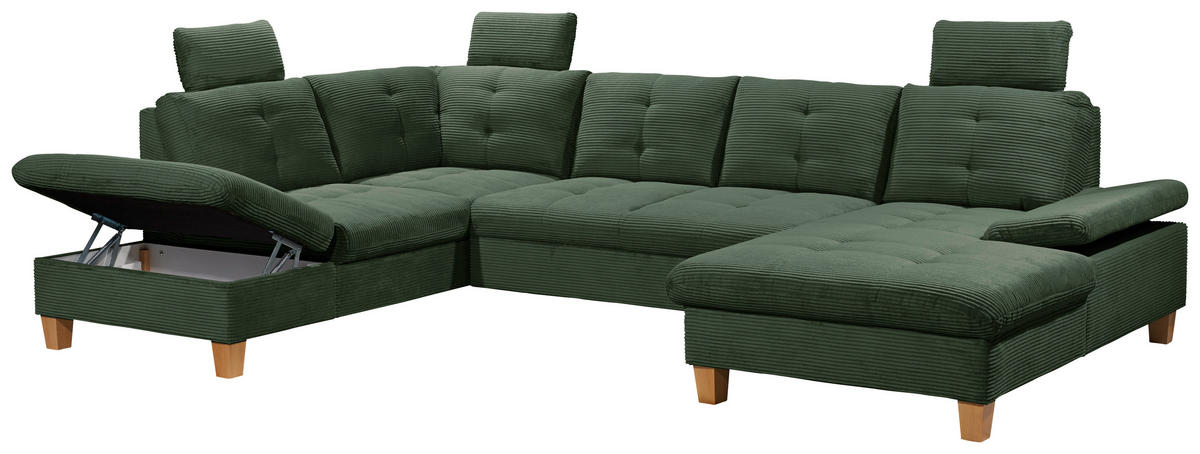 WOHNLANDSCHAFT Dunkelgrün Cord  - Dunkelgrün/Eichefarben, KONVENTIONELL, Holz/Textil (220/324/170cm) - MID.YOU