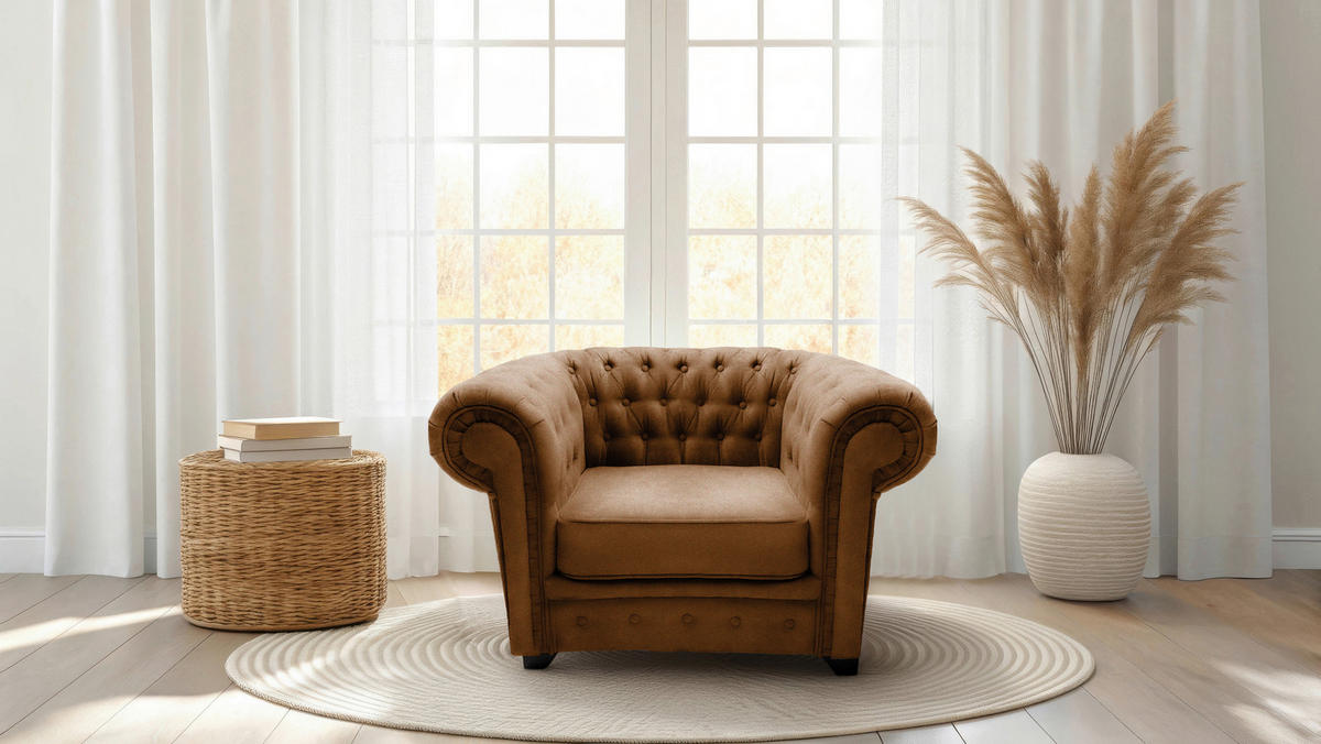 KRESLO CHESTERFIELD, textil, kompozitné drevo, koňaková - čierna/koňaková, Konventionell, drevo/kompozitné drevo (91/72/92cm) - Livetastic