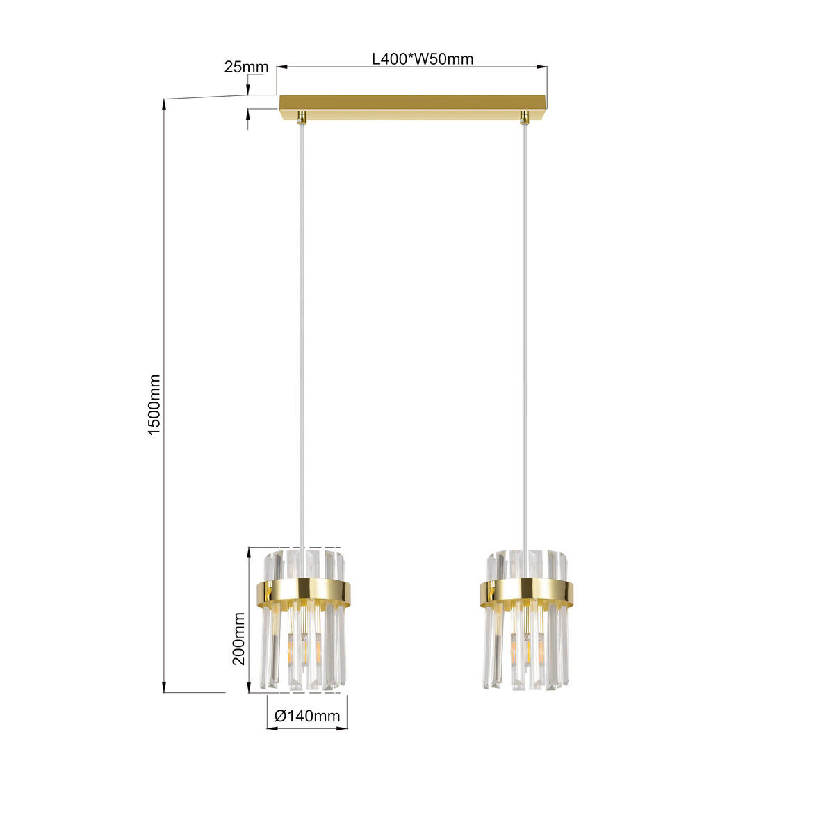 HÄNGELEUCHTE Vetro 40/2,5/150 cm  - Goldfarben, KONVENTIONELL, Glas (40/2,5/150cm)