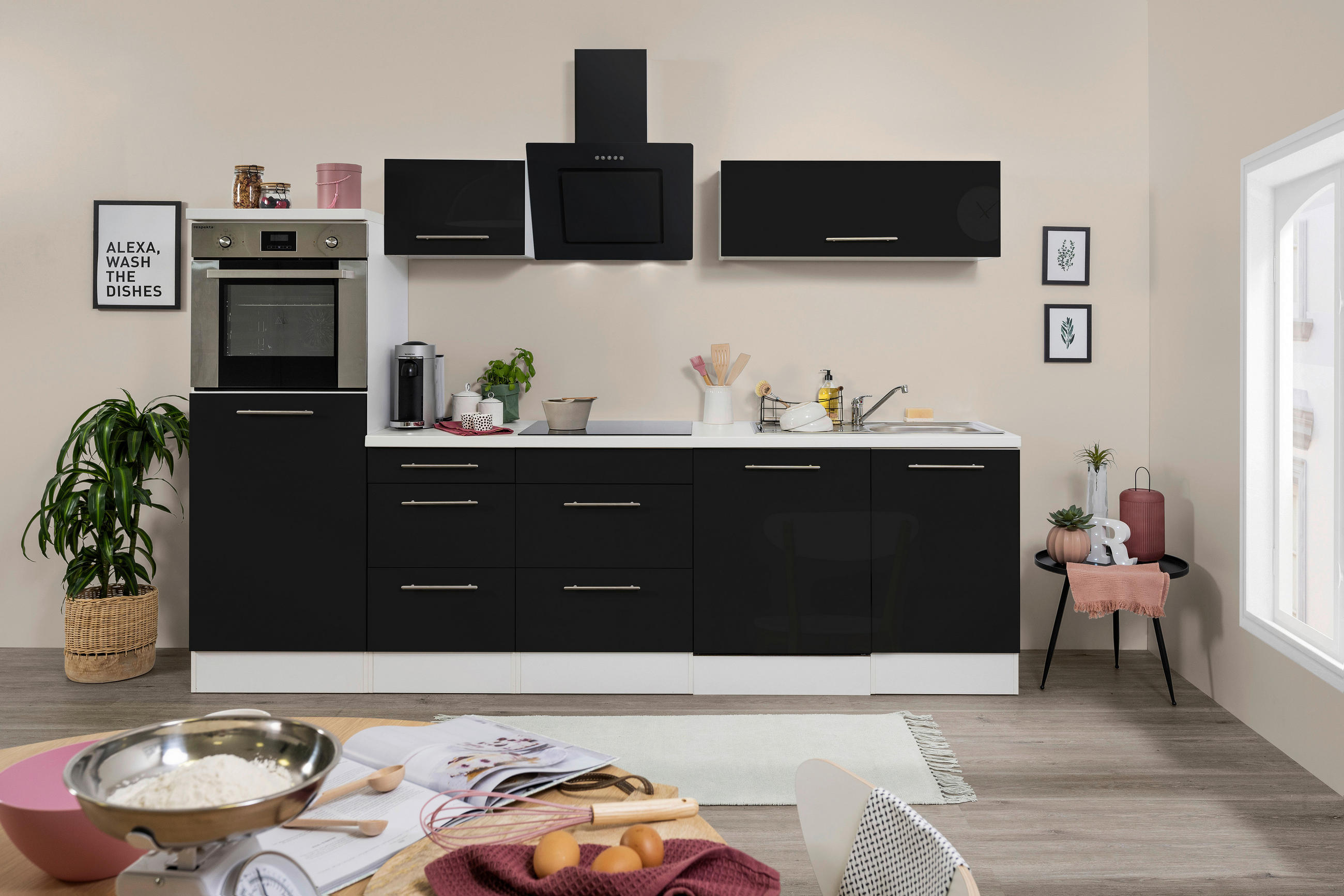 KÜCHENBLOCK 280 cm   in Schwarz, Weiß  - Edelstahlfarben/Schwarz, KONVENTIONELL, Holzwerkstoff/Metall (280cm) - Respekta