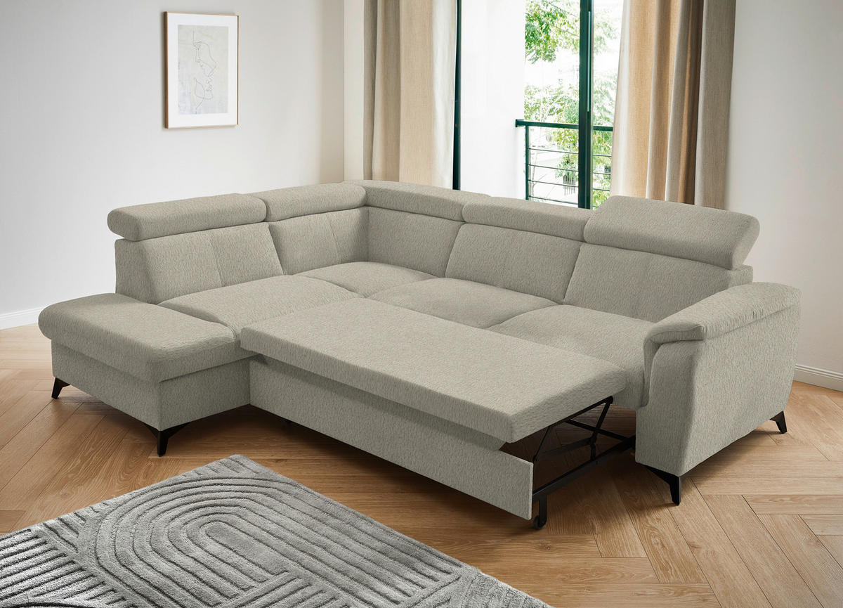 ECKSOFA in Teddystoff Ecru  - Ecru/Schwarz, Design, Textil/Metall (203/260cm) - Stylife