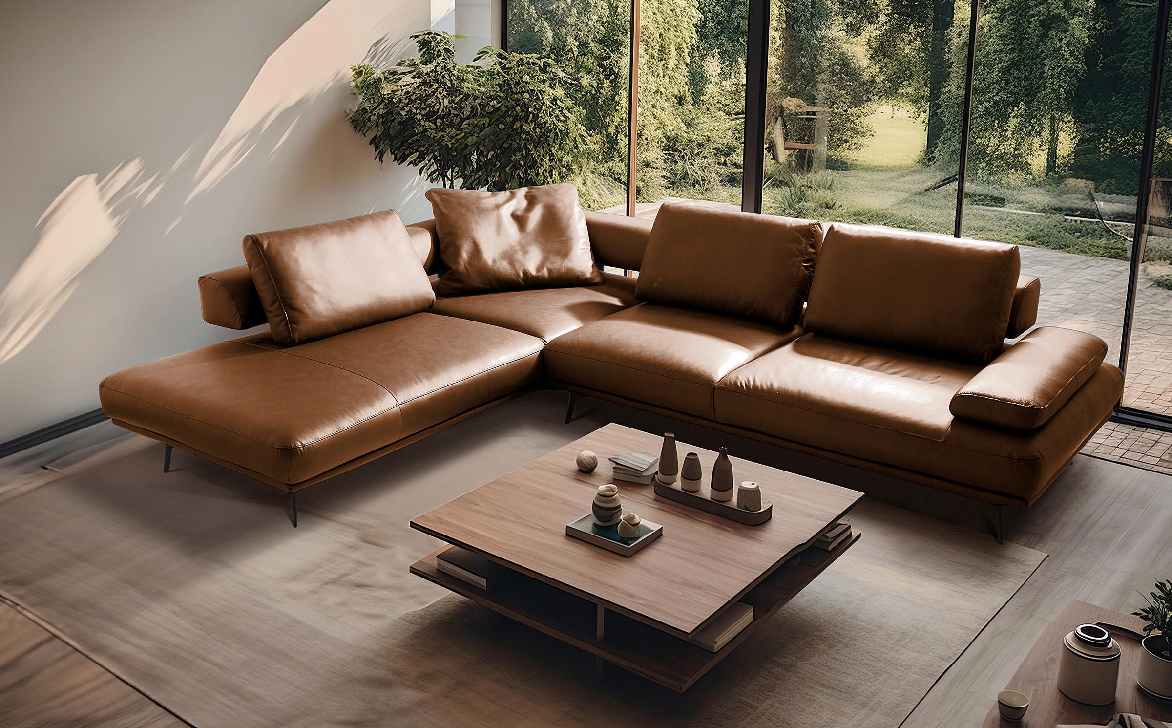 ECKSOFA Cognac Echtleder  - Cognac/Schwarz, Design, Leder/Metall (237/306cm) - Livetastic