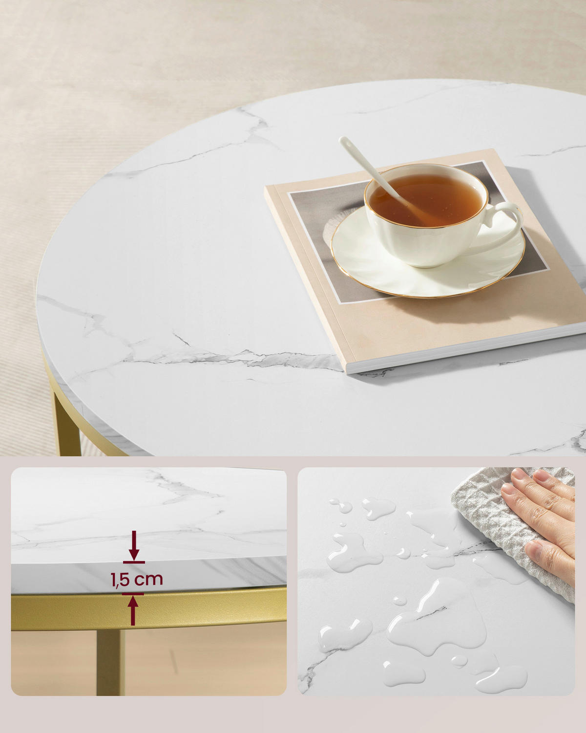 COUCHTISCH in Metall, Glas, Holzwerkstoff 65/65/46 cm  - Goldfarben/Weiß, Design, Glas/Holzwerkstoff (65/65/46cm) - Boxxx