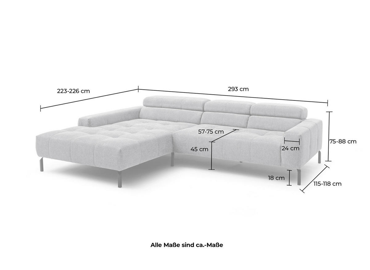 ECKSOFA Silberfarben Feincord Rücken echt, Kopfteilverstellung, Sitztiefenverstellung  - Silberfarben/Schwarz, KONVENTIONELL, Textil/Metall (226/293cm) - Hom`in