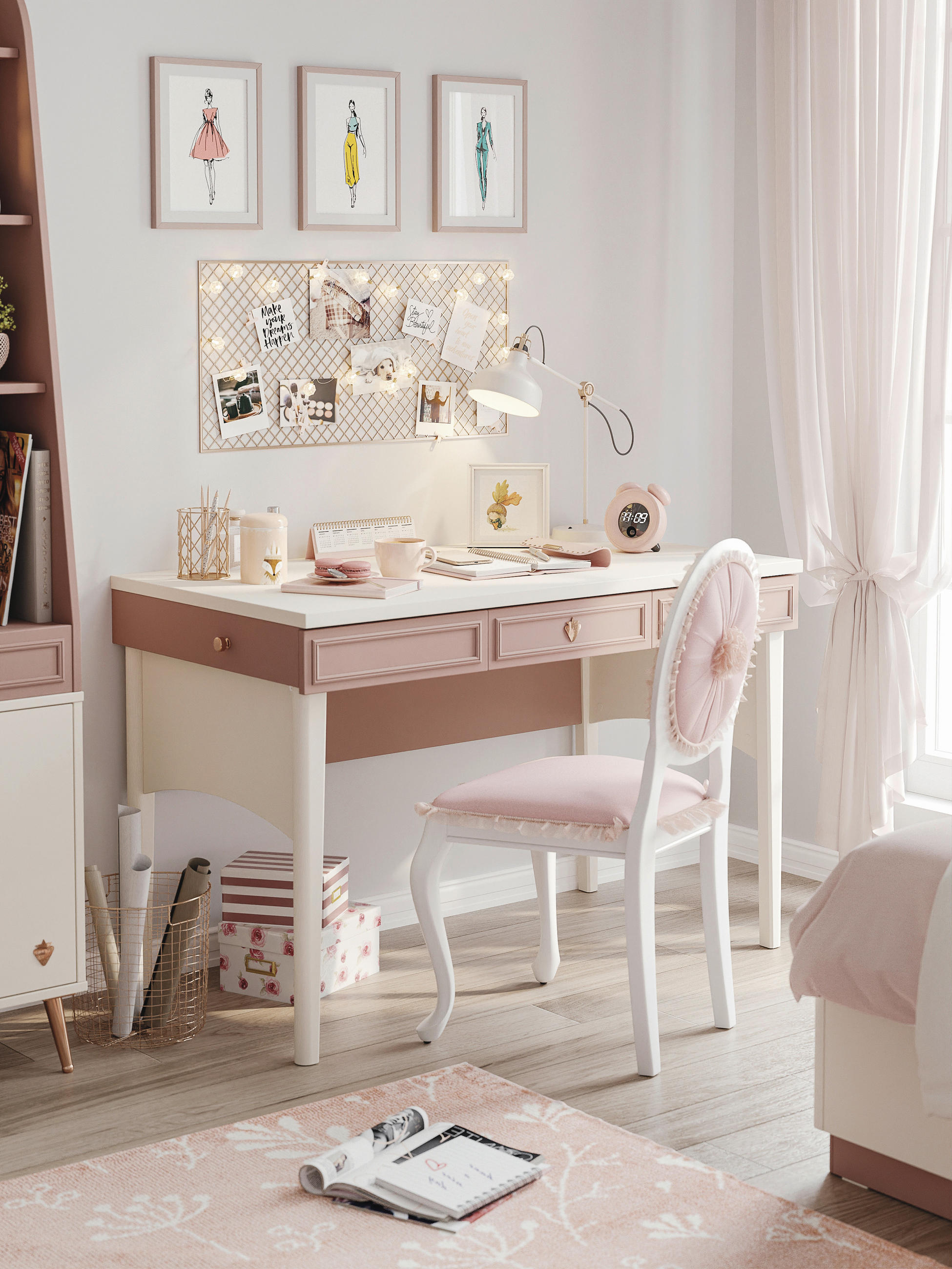 Birou - roz aprins/crem, Modern, material pe bază de lemn (117/77/63cm) - Cilek