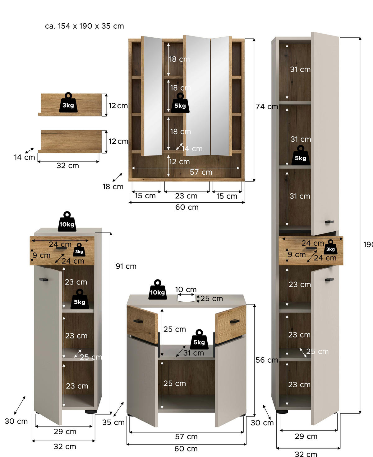 BADEZIMMER 5-teilig  in 124 cm  - Kaschmir/Eichefarben, Trend, Glas/Holzwerkstoff (124cm) - MID.YOU