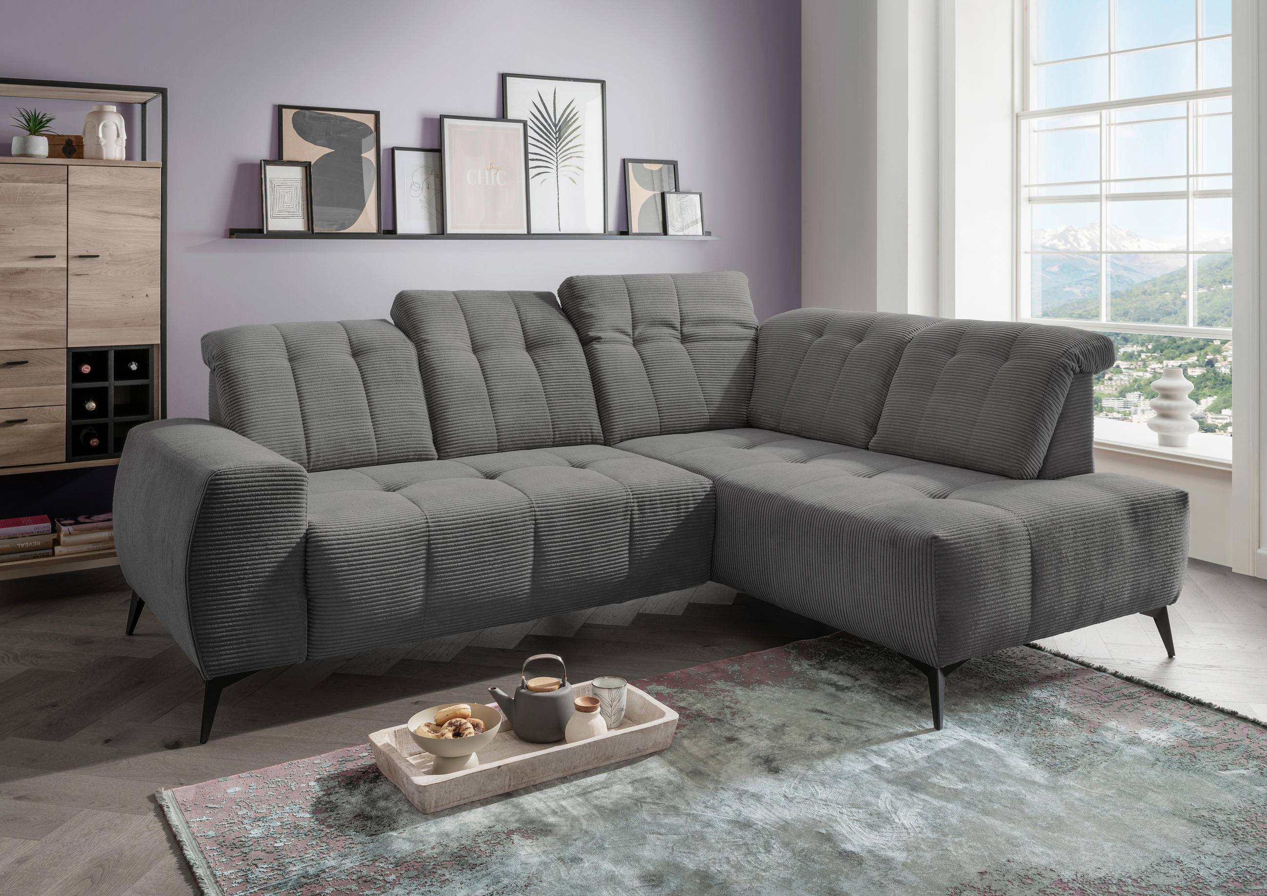 ECKSOFA in Cord Grau  - Schwarz/Grau, Modern, Textil/Metall (261/200cm) - Livetastic