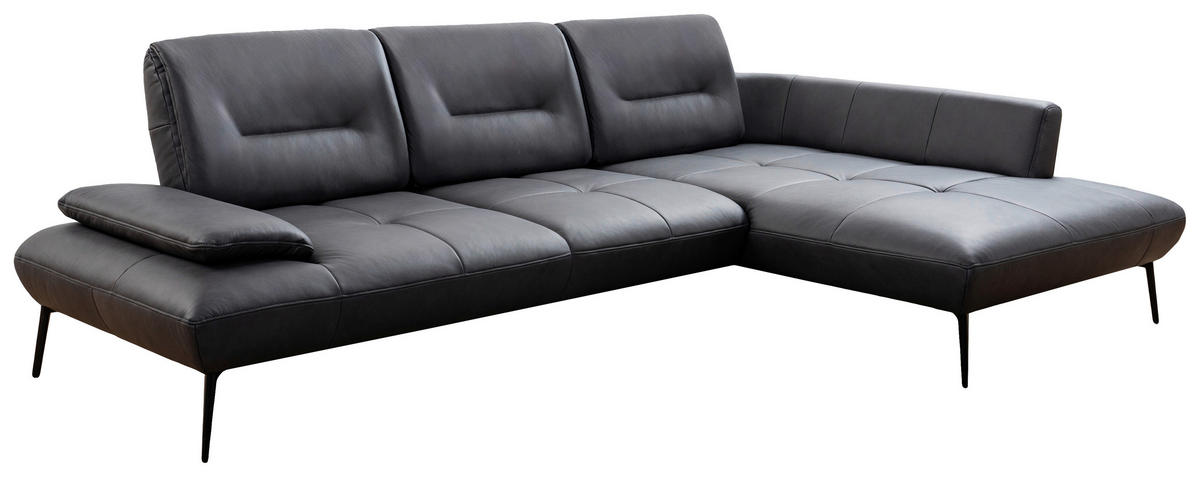 ECKSOFA Anthrazit Echtleder Rücken echt, Sitztiefenverstellung  - Anthrazit/Schwarz, Design, Leder/Metall (320/190cm) - Moderano