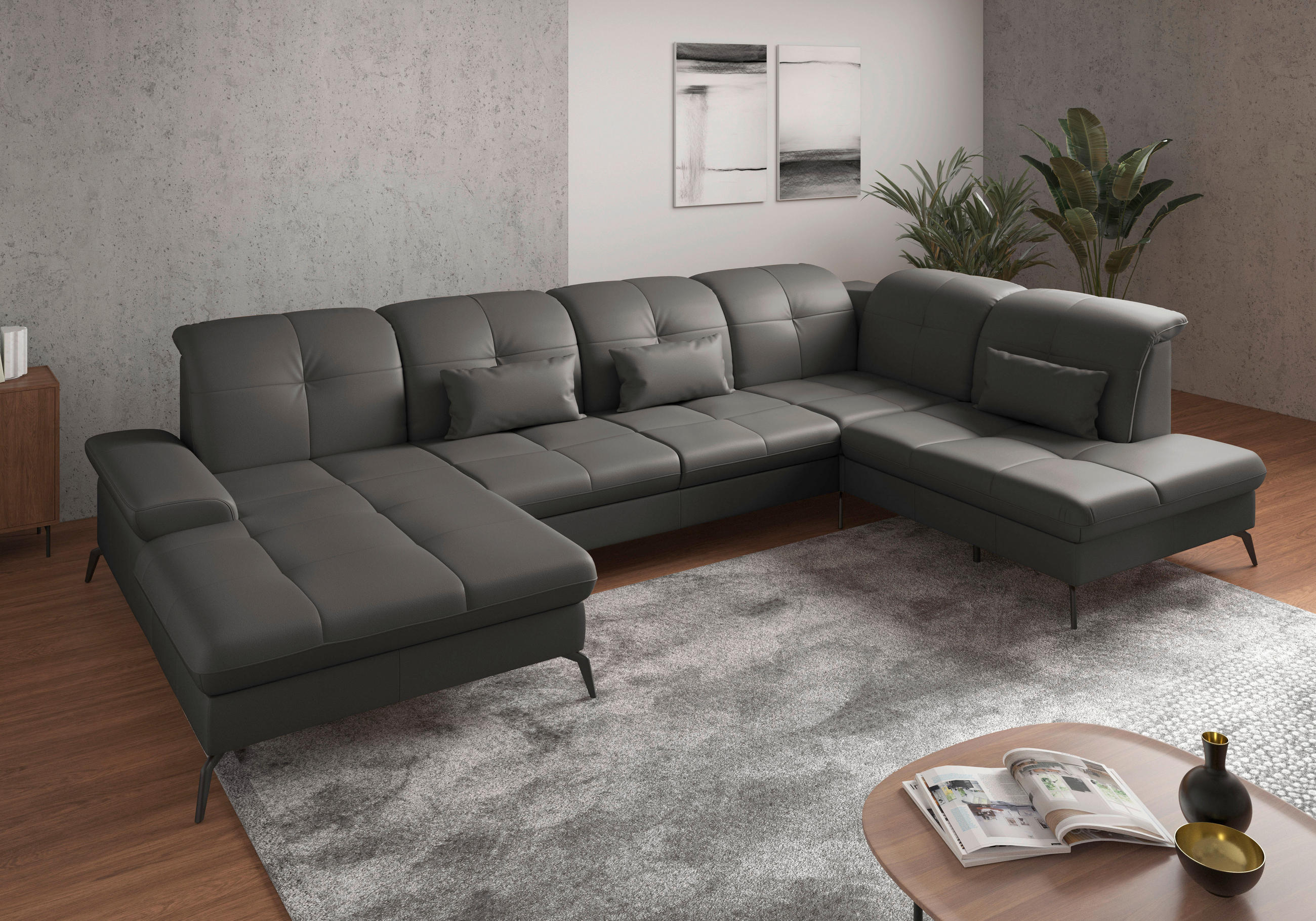 WOHNLANDSCHAFT in Vliesstoff Kombination Echtleder/Stoff Anthrazit  - Anthrazit/Schwarz, KONVENTIONELL, Leder/Textil (185/357/231cm) - Sit & More