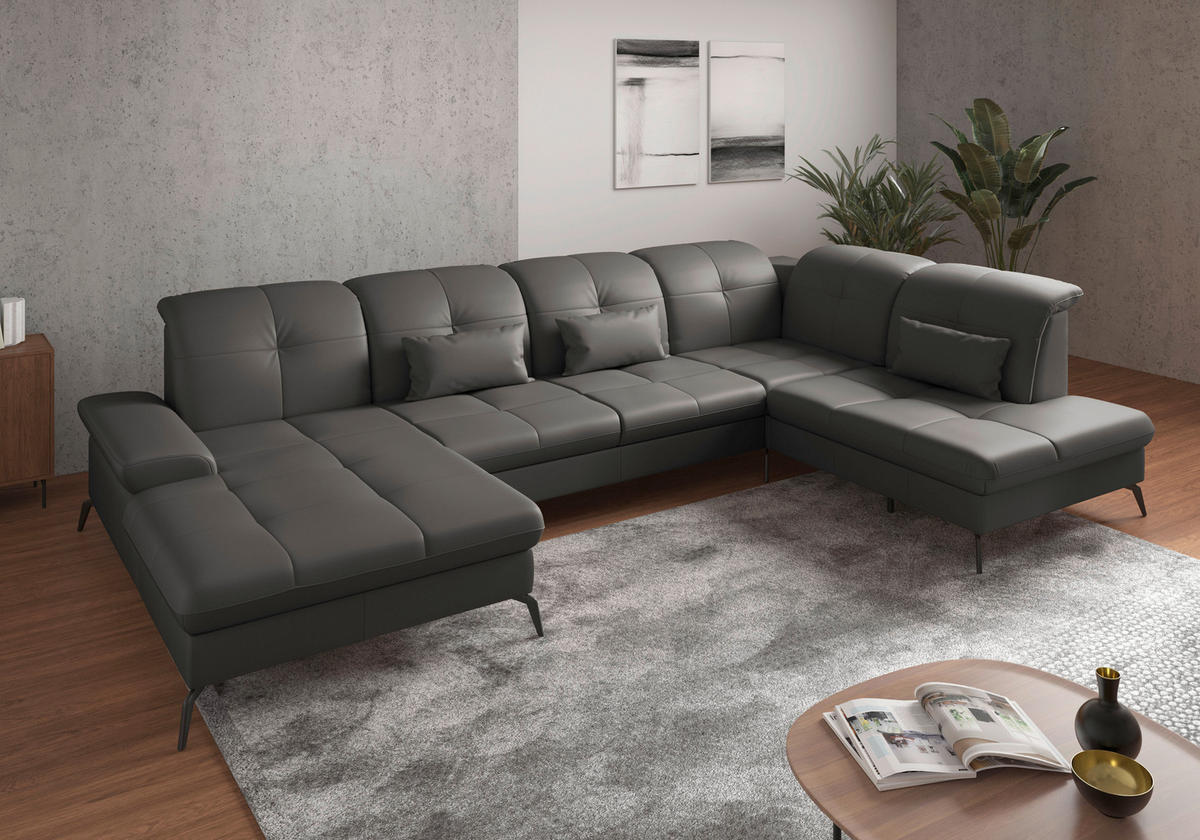 WOHNLANDSCHAFT Anthrazit Echtleder  - Anthrazit/Schwarz, KONVENTIONELL, Leder/Metall (185/357/231cm) - Sit & More