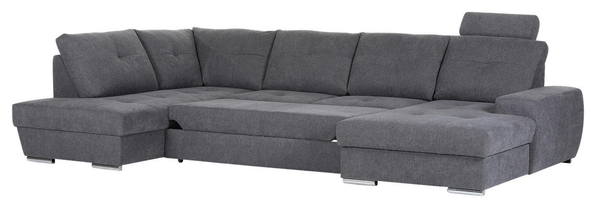 WOHNLANDSCHAFT Dunkelgrau Flachgewebe  - Chromfarben/Dunkelgrau, KONVENTIONELL, Kunststoff/Textil (217/338/180cm) - Hom`in