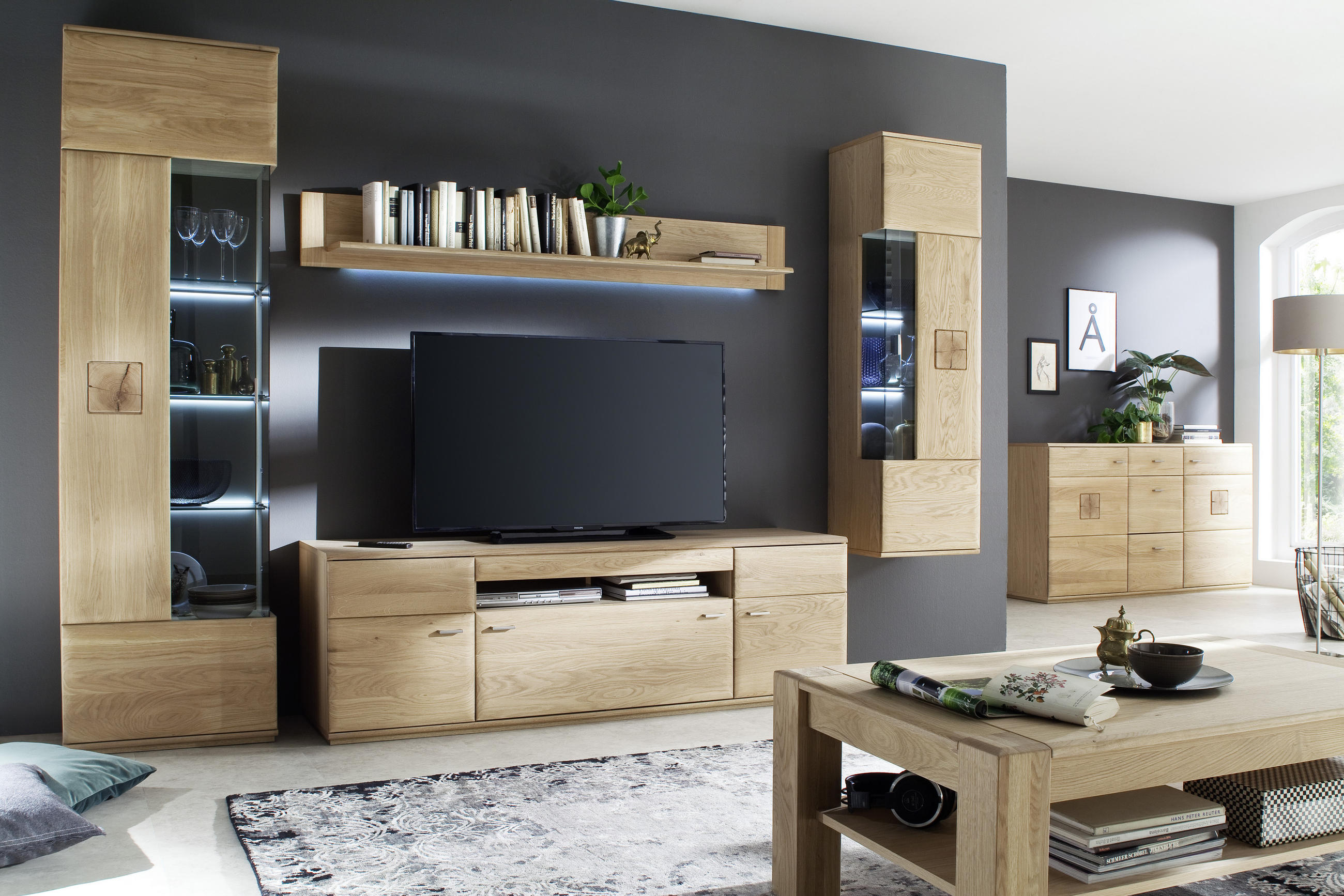 WOHNWAND ohne Beleuchtung,  in  305/208/50 cm  - Eichefarben/Nickelfarben, Design, Glas/Holz (305/208/50cm) - Livetastic