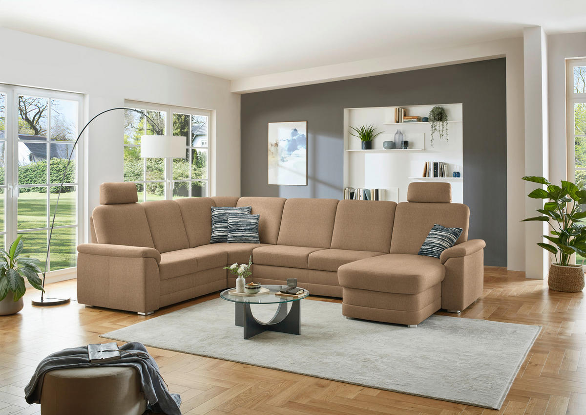 WOHNLANDSCHAFT  in Chenille Altrosa, Hellbraun  - Hellbraun/Alufarben, KONVENTIONELL, Holz/Textil (235/329/160cm) - Beldomo Comfort