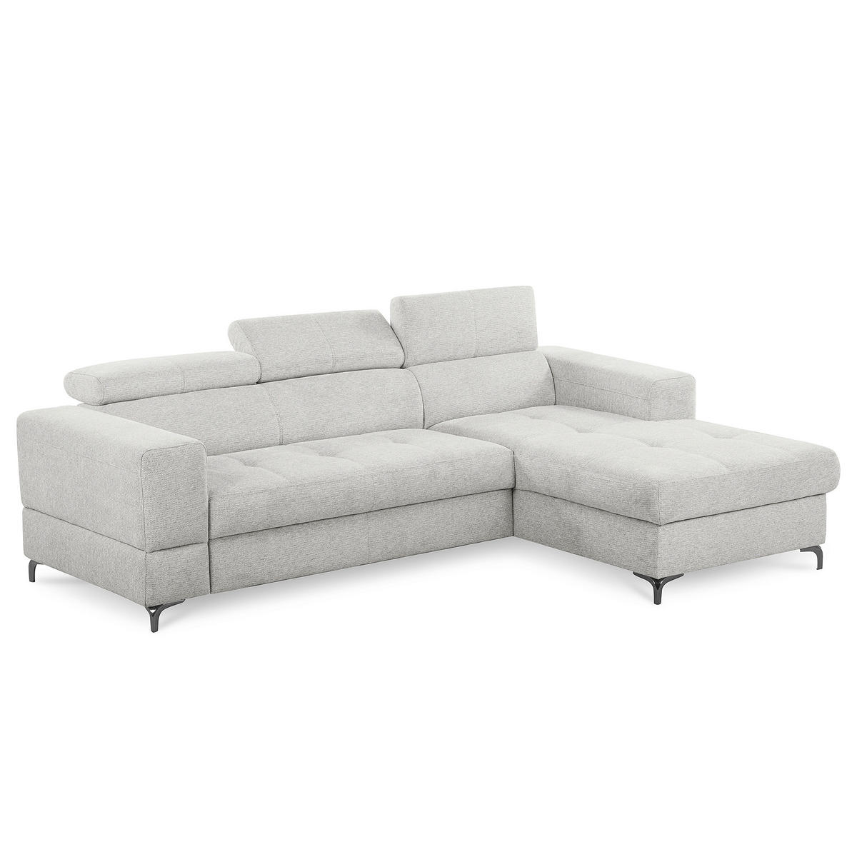 ECKSOFA TORINO Hellgrau Chenille Bettkasten, Kopfteilverstellung  - Schwarzchrom/Hellgrau, Design, Textil/Metall (247/173cm) - Livetastic