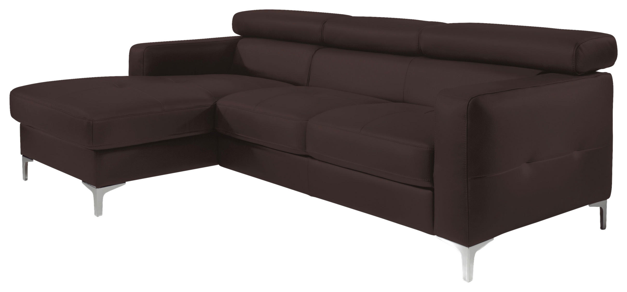ECKSOFA Dunkelbraun Echtleder Rücken echt, Kopfteilverstellung, Kopfstütze  - Chromfarben/Dunkelbraun, Design, Leder/Metall (169/226cm) - Livetastic