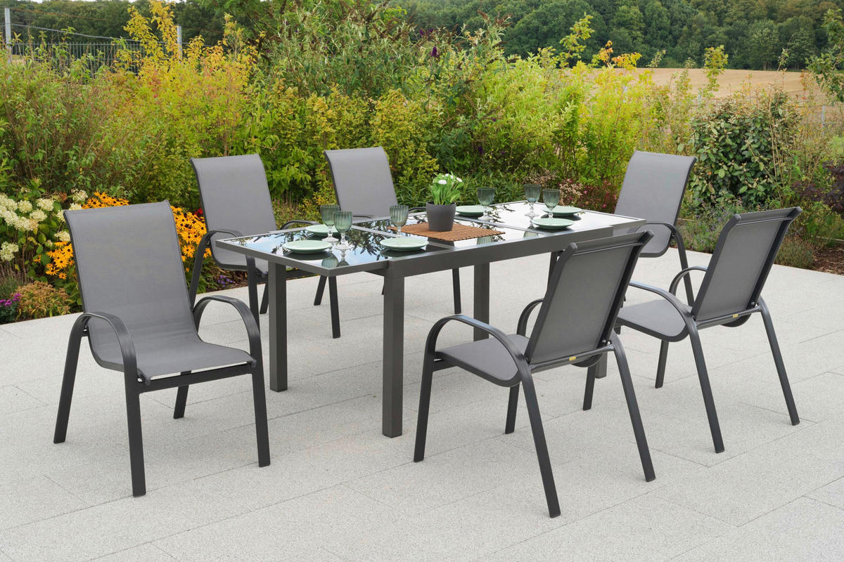 GARTENTISCHGRUPPE  - Graphitfarben/Grau, KONVENTIONELL, Glas/Textil - Gardenson