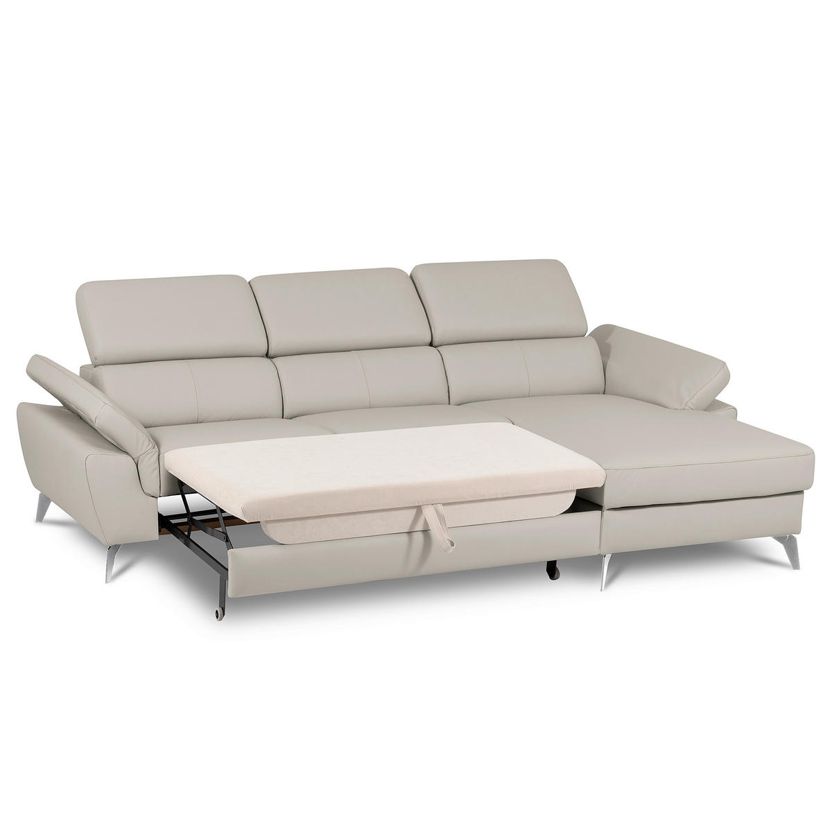ECKSOFA Platinfarben Echtleder Lederlook Bettkasten, Schlaffunktion, Rücken echt, Armteilverstellung, Kopfteilverstellung  - Platinfarben/Chromfarben, Design, Leder/Textil (252/179cm) - Livetastic