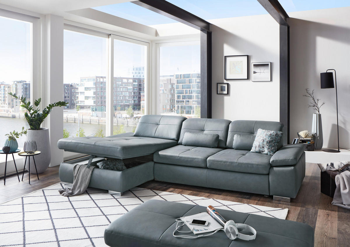 ECKSOFA in Echtleder Grau  195/309 cm  - Alufarben/Grau, Design, Leder/Metall (195/309cm) - Beldomo Premium
