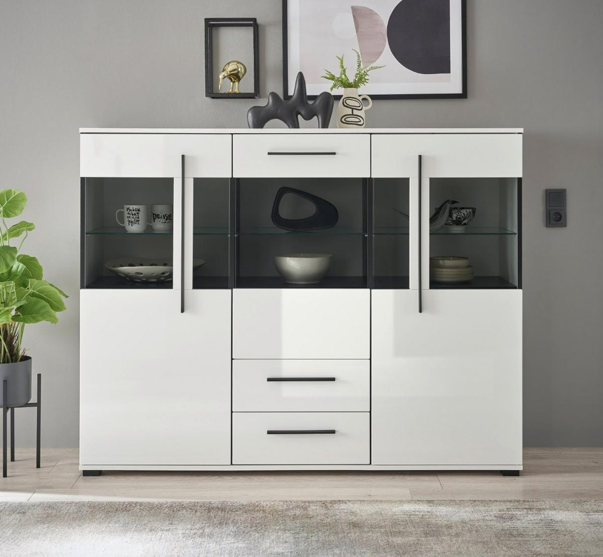 HIGHBOARD  160/126/42 cm 2 Schublade(n)  - Eichefarben/Weiß Hochglanz, Design, Glas/Holzwerkstoff (160/126/42cm) - Livetastic