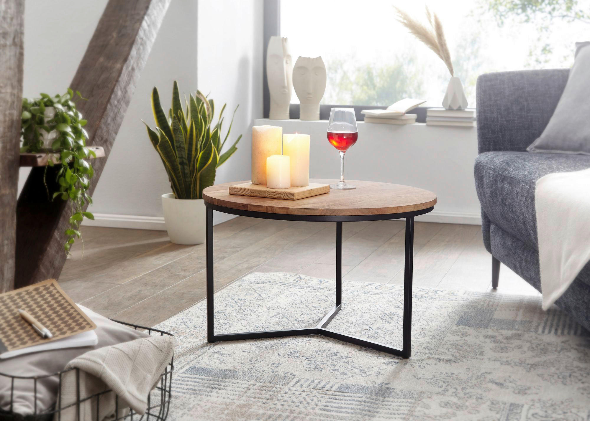 COUCHTISCH Akazie massiv 60/60/38 cm rund Akaziefarben  - Schwarz/Akaziefarben, MODERN, Holz/Metall (60/60/38cm) - MID.YOU