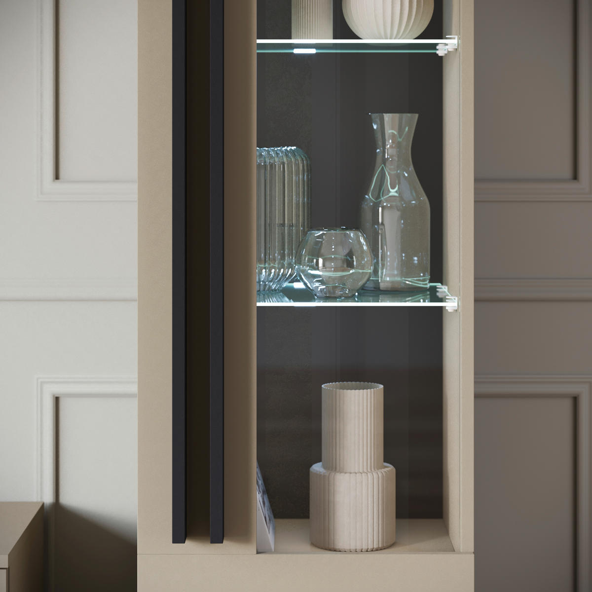 WOHNWAND 4-teilig  in Beige 260/159,5/33 cm  - Beige/Schwarz, Trend, Glas/Holzwerkstoff (260/159,5/33cm)