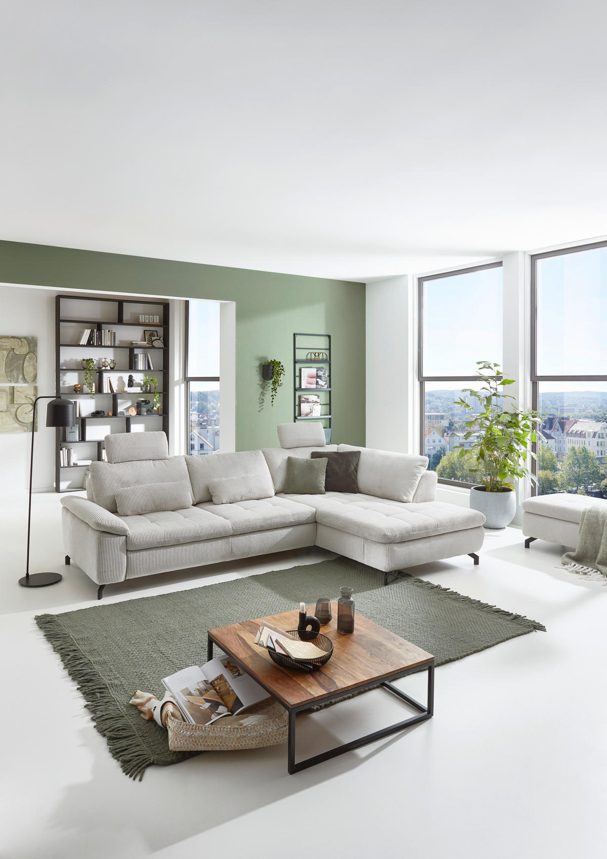 ECKSOFA in Cord, Velours Ecru  - Ecru/Schwarz, Design, Textil/Metall (291/197cm) - Beldomo Style