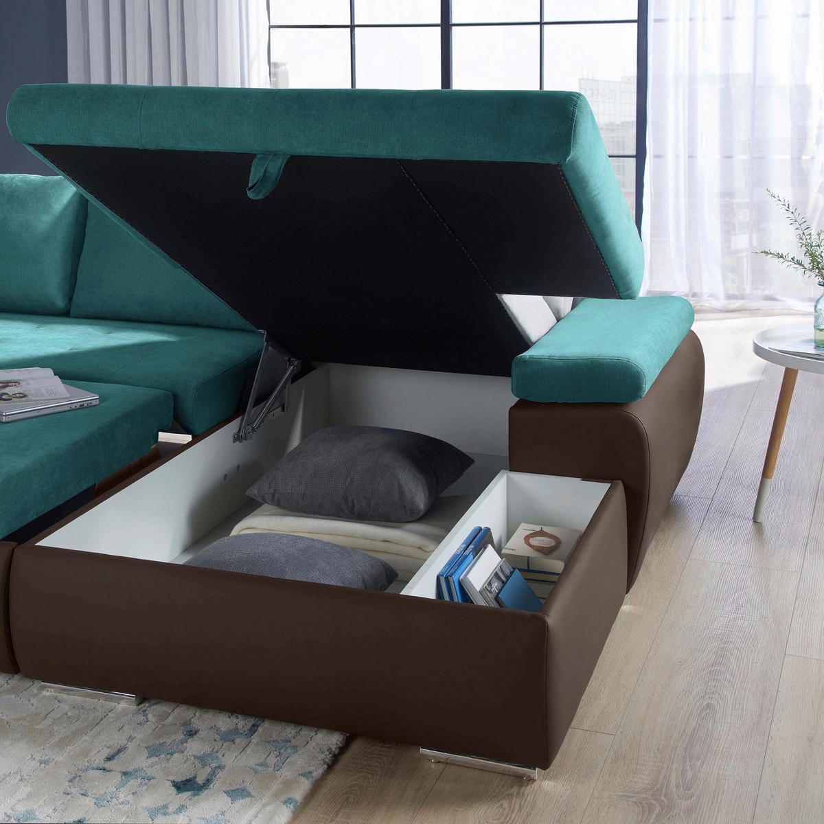 ECKSOFA Türkis, Schlammfarben Flachgewebe  - Türkis/Schlammfarben, Design, Kunststoff/Textil (271/175cm) - MID.YOU