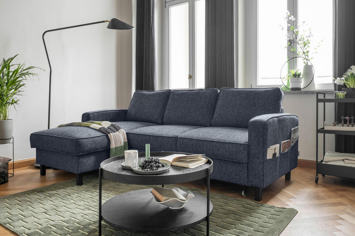 ECKSOFA in Struktur Dunkelblau  - Schwarz/Dunkelblau, Holz/Textil (148/228cm) - MID.YOU