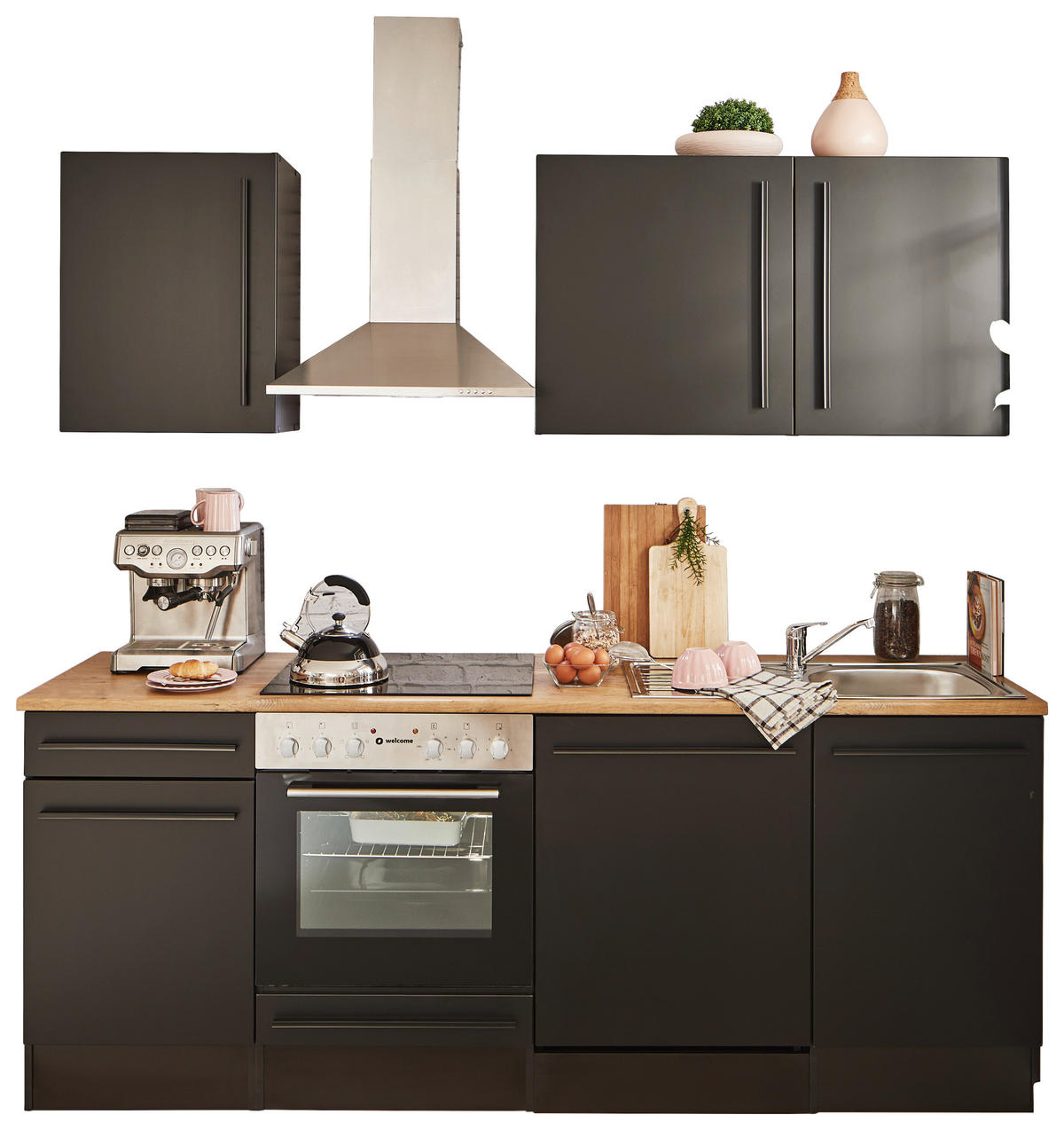 KUHINJSKI BLOK BREZ APARATOV - črna/barve hrasta, Trendi, umetna masa/leseni material (220cm) - MID.YOU