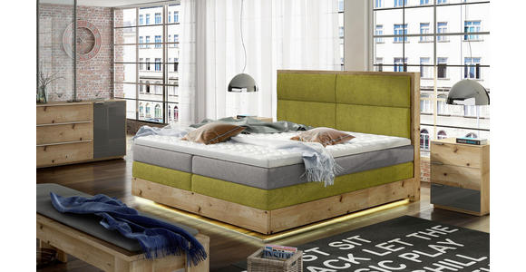 BOXSPRINGBETT Webstoff 180/200 cm INKL. Beleuchtung, Topper - Eichefarben/Hellgrau, Design, Holz/Textil (180/200cm) - Linea Natura