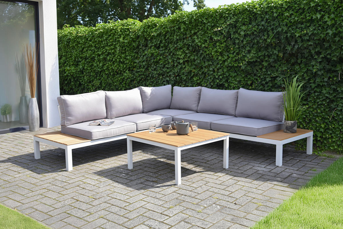 LOUNGEGARNITUR 4-teilig   Aluminium  - Eichefarben/Weiß, Basics, Kunststoff/Textil - Gardenson
