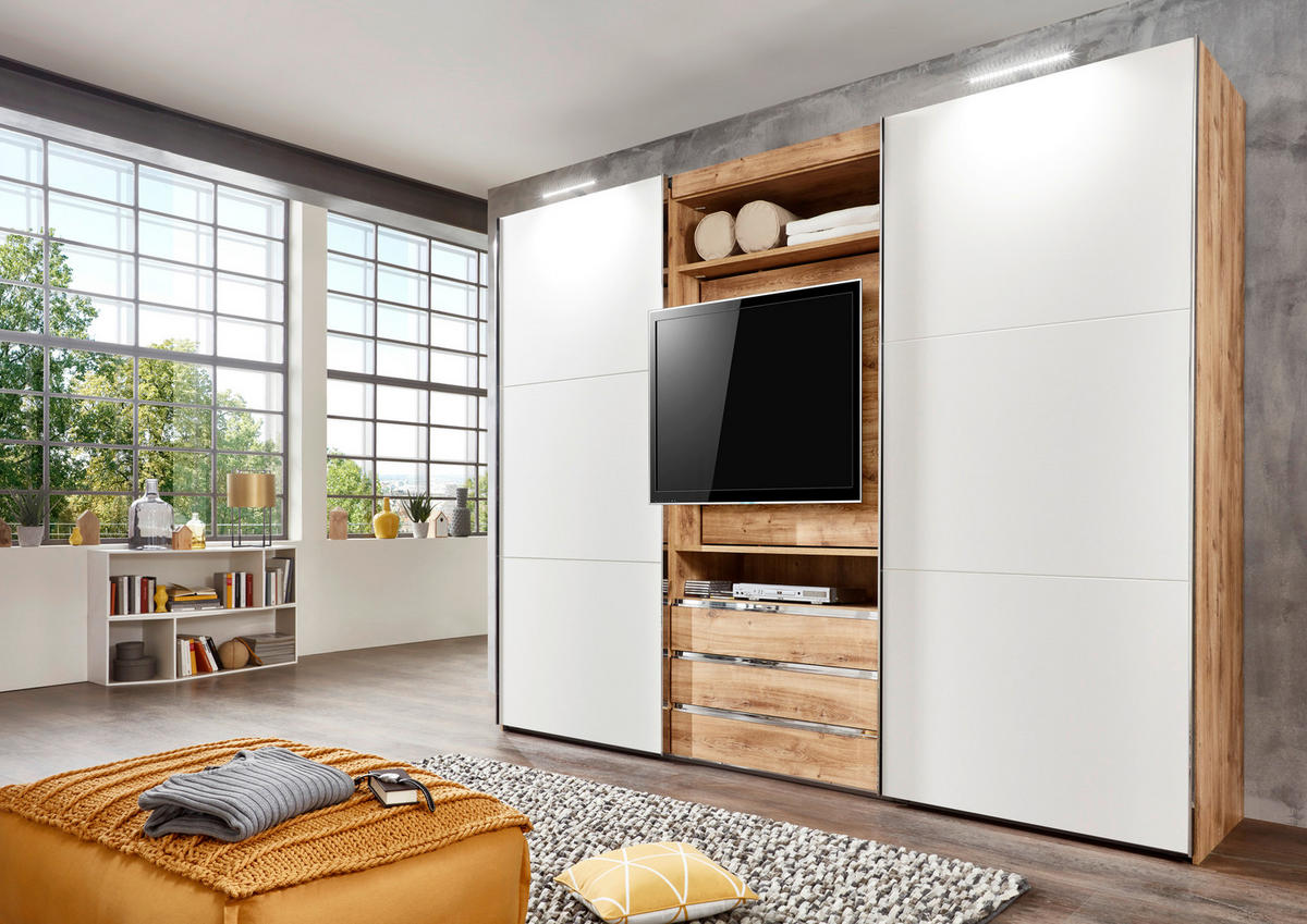 SCHWEBETÜRENSCHRANK in Weiss, Eichefarben  - Weiss/Edelstahlfarben, Modern, Holzwerkstoff/Metall (300/216/65cm) - MID.YOU
