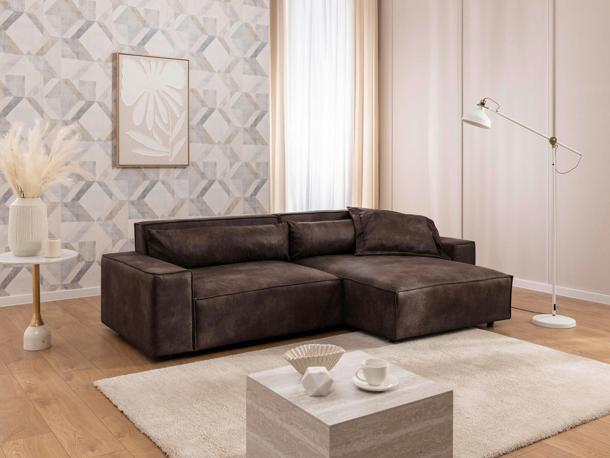 ECKSOFA Curduroy in Lederlook Dunkelbraun Rückenkissen  251/142 cm  - Dunkelbraun/Schwarz, Design, Kunststoff/Textil (251/142cm) - P & B