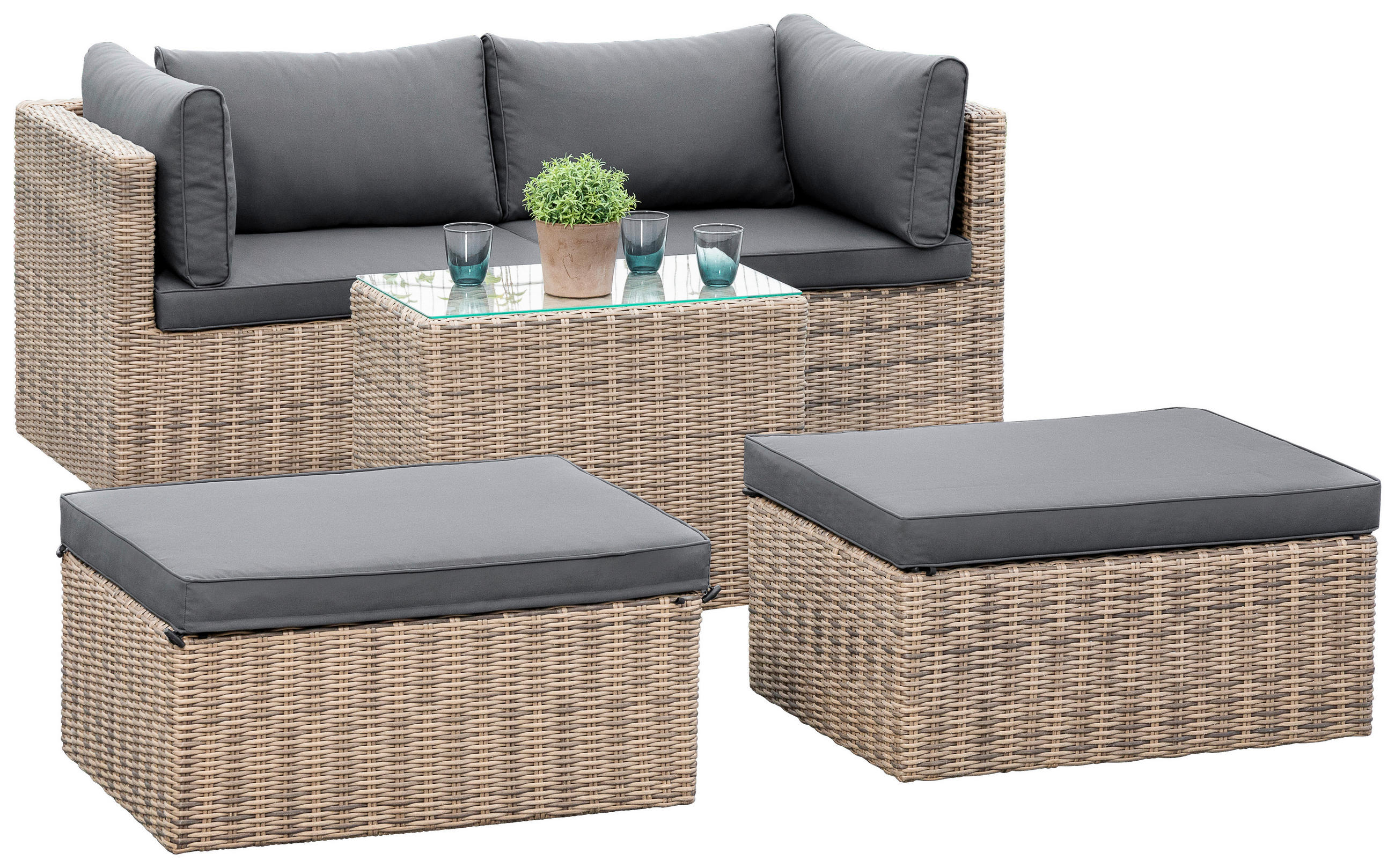 LOUNGEGARNITUR Aluminium  - Dunkelgrau/Grau, KONVENTIONELL, Glas/Kunststoff (88/65/68cm) - Gardenson